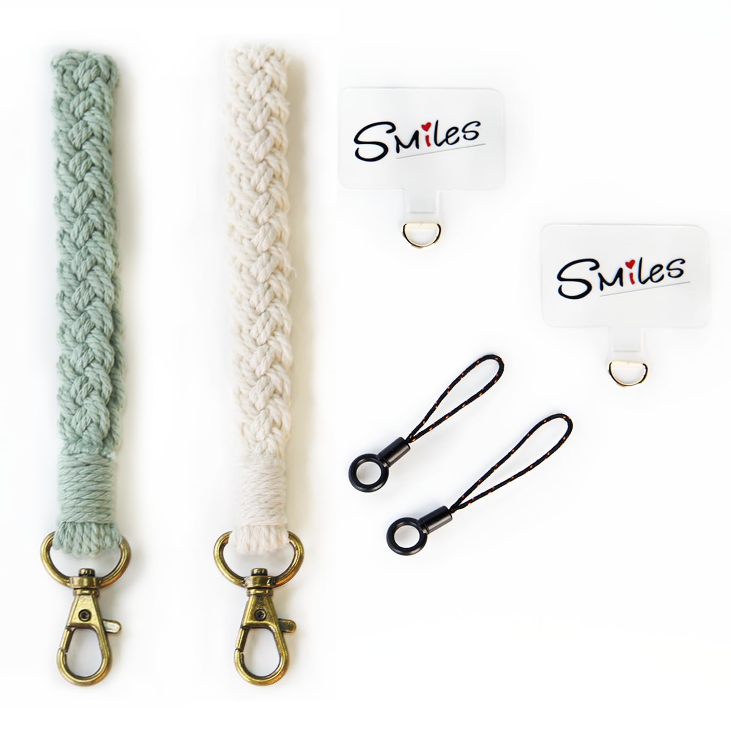 Boho Macrame Phone Wrist Strap - Anti-Loss Phone Lanyard with Tether Tab, Adjustable Phone Bracelet Strap (Green & White Set) for iPhone, Samsung, Smartphones - Perfect for Travel, Shopping, Outdoor Activities