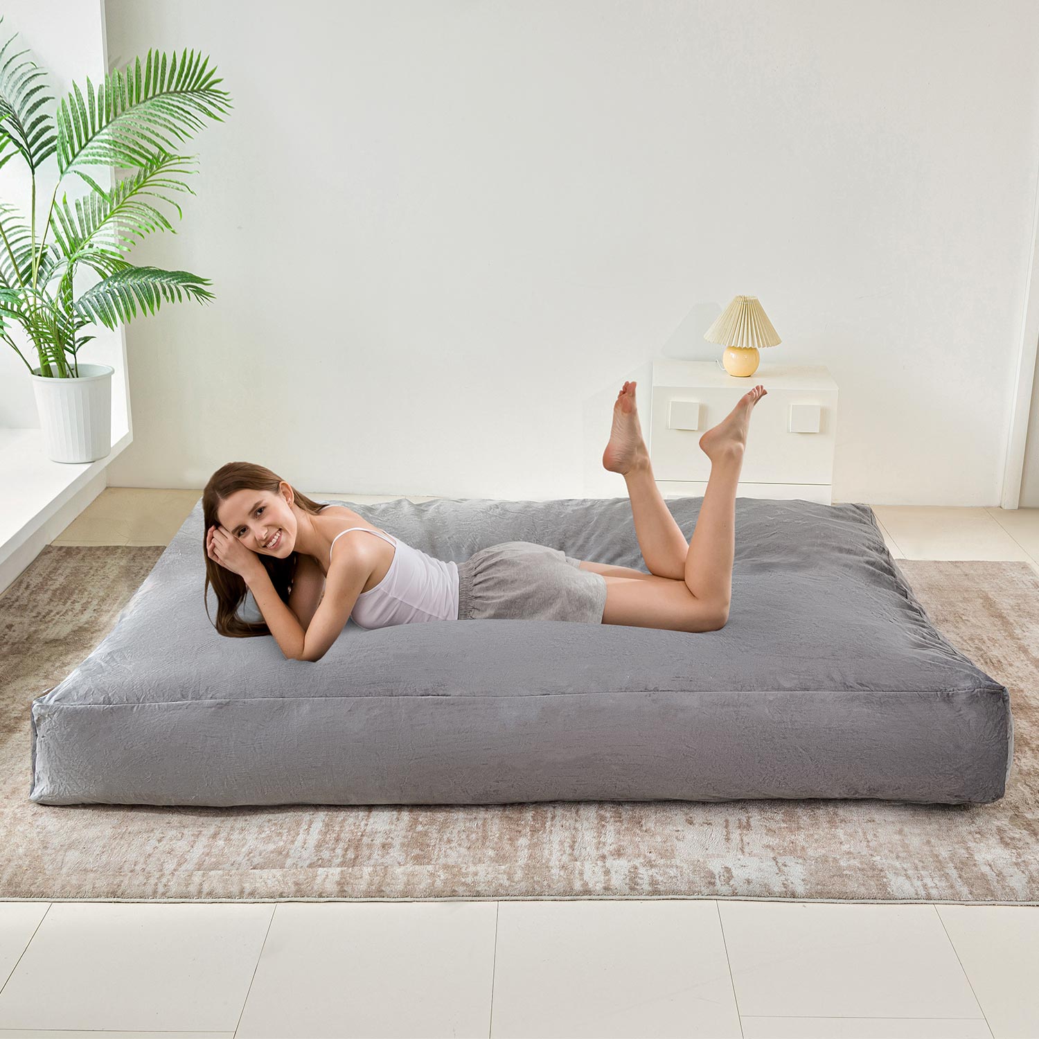 MAXYOYO Velvet Bean Bag Bed with Faux Fur Removable Cover - Convertible Bean Bag Chair to Bed for Living Room & Bedroom (Beige) - Perfect for Lounging, Gaming & Small Space Living