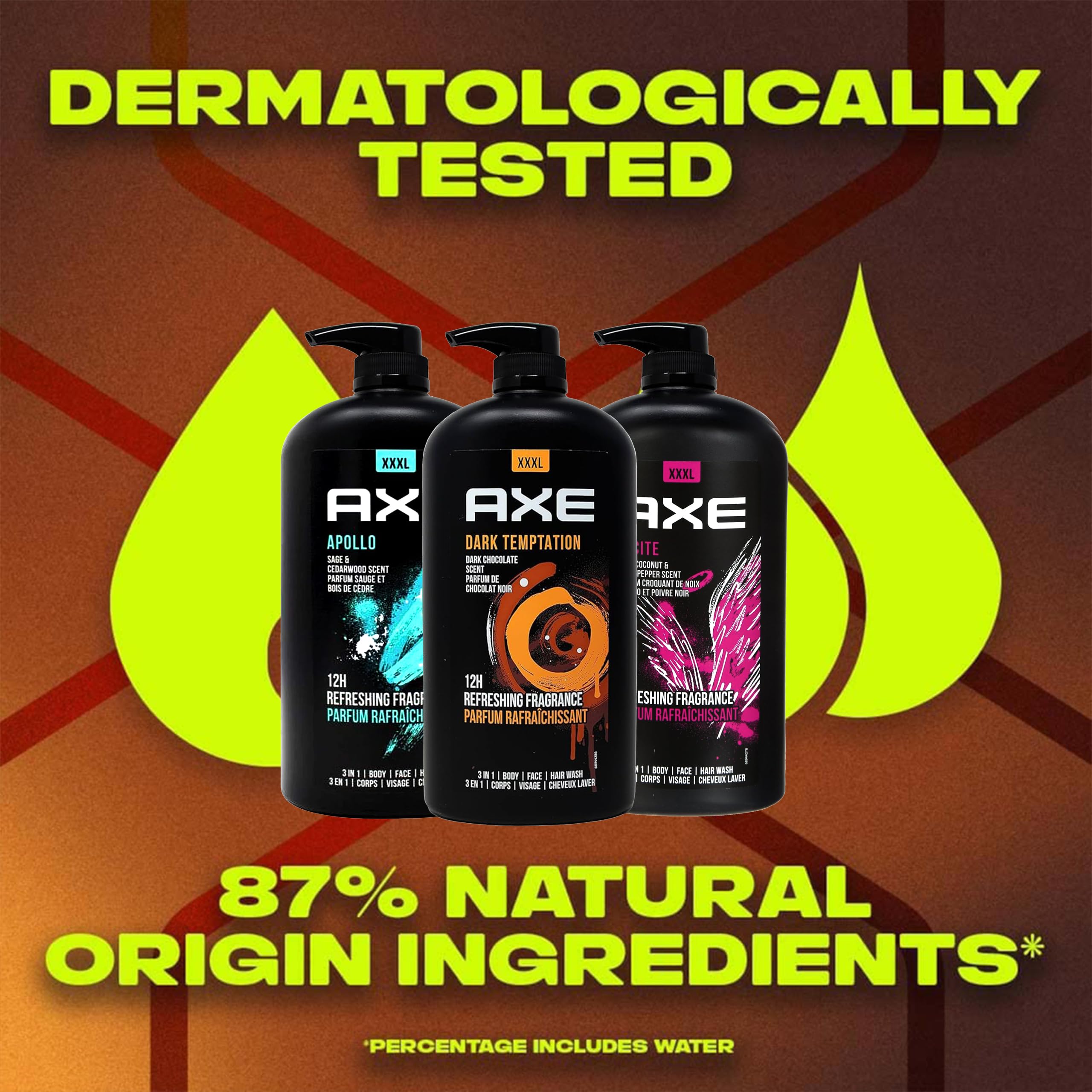 Axe Men's Body Wash Variety Set - 3 Scents (Dark Temptation, Apollo, Excite) | 3-in-1 Shower Gel for Body & Face | 33.8oz Pump Bottles Each | Refreshing Daily Shower for Men | Gym, Workout & Post-Sport Cleansing
