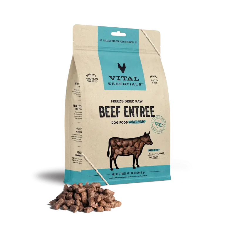 Vital Essentials Freeze Dried Raw Dog Food - Chicken, Beef & Turkey Mini Nibs Entree, 14oz | Grain-Free, High Protein | Perfect for Small Dogs, Training Treats & Travel Snacks