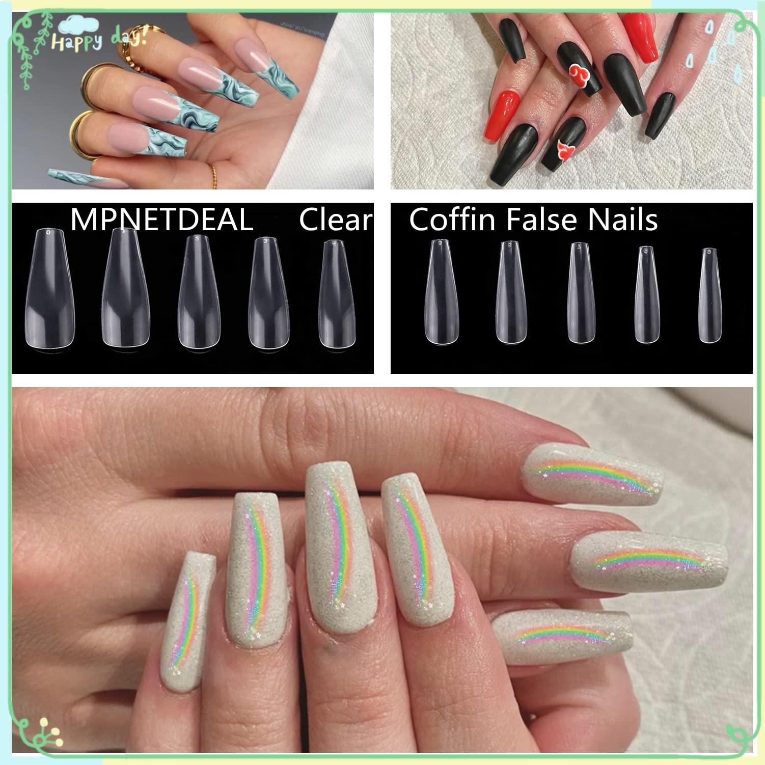 500Pcs Coffin Nails Long Ballerina False Nail Tips - Full Cover Acrylic Nail Extensions 10 Sizes with Storage Case - DIY Nail Art for Salon & Home Use - Perfect for Parties, Weddings & Special Occasions (Clear)