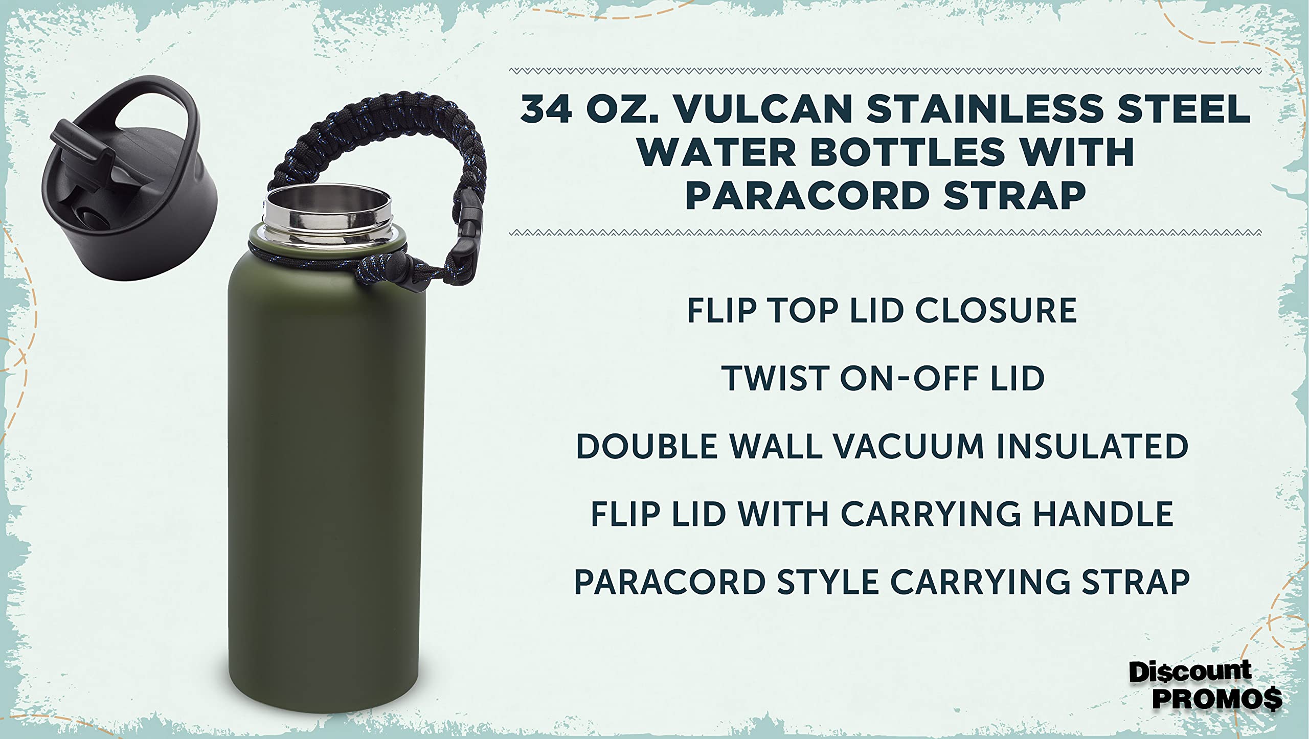 6 Pack Vulcan Stainless Steel Water Bottles 34oz - Double Wall Vacuum Insulated Army Green - Leak Proof with Strap - Perfect for Hiking, Camping & Outdoor Activities