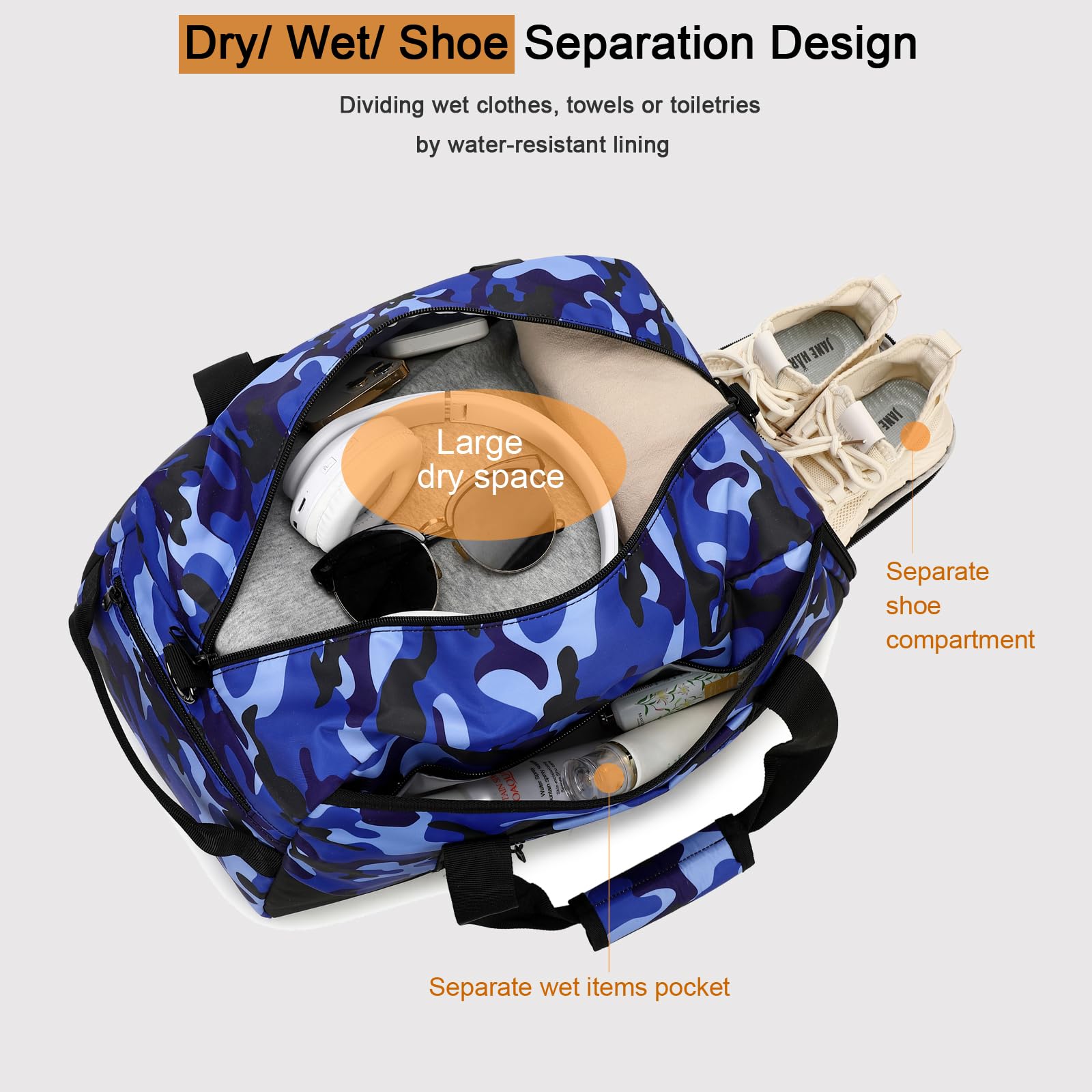 Octsky Camo Blue Weekender Bag - Waterproof Overnight Duffle Bag for Travel, Gym & Sports with Shoe Compartment | Perfect for Weekend Getaways, Business Trips & Workout Sessions