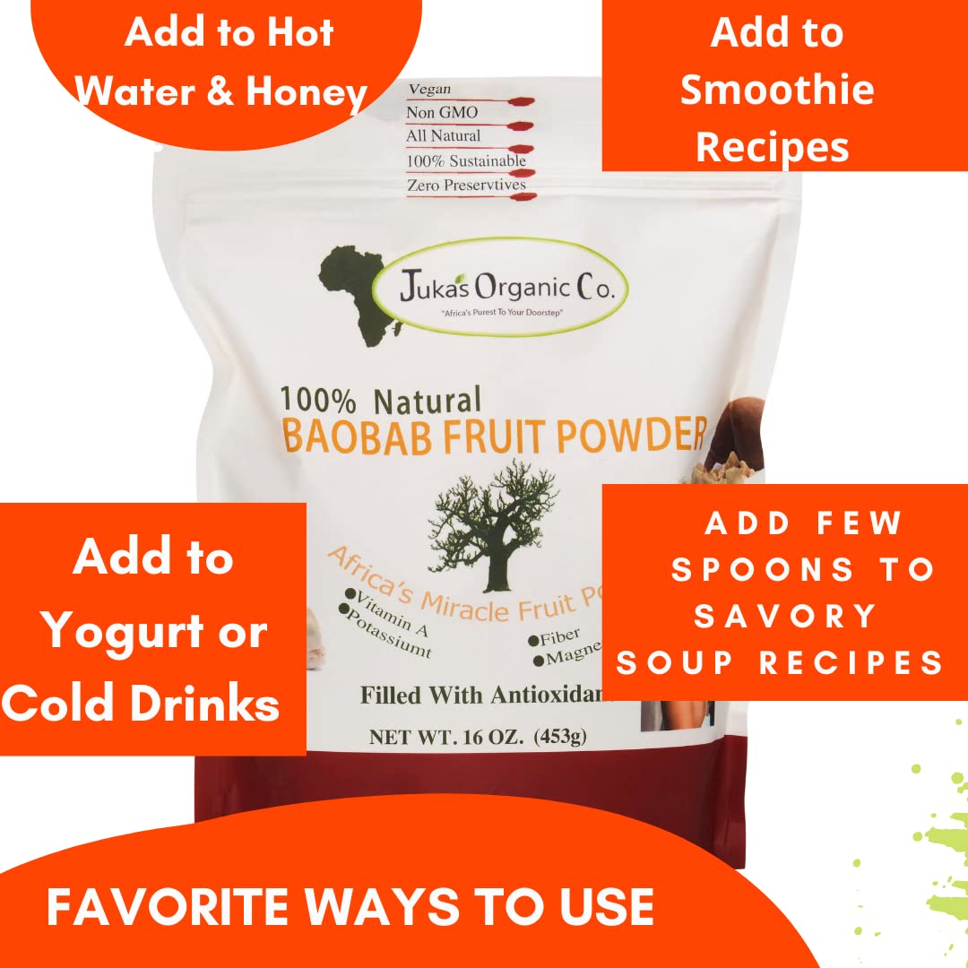 Organic Baobab Powder 16oz - 100% Pure, Unprocessed & Natural Superfood from West Africa | Rich in Vitamin C & Antioxidants | Perfect for Smoothies, Baking & Healthy Recipes