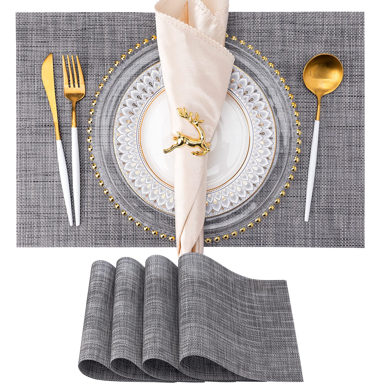 Set of 4 Washable Vinyl Placemats for Dining Table - Indoor/Outdoor PVC Weave Table Mats in Dark Gray - Perfect for Kitchen, Patio, Picnic & Everyday Use
