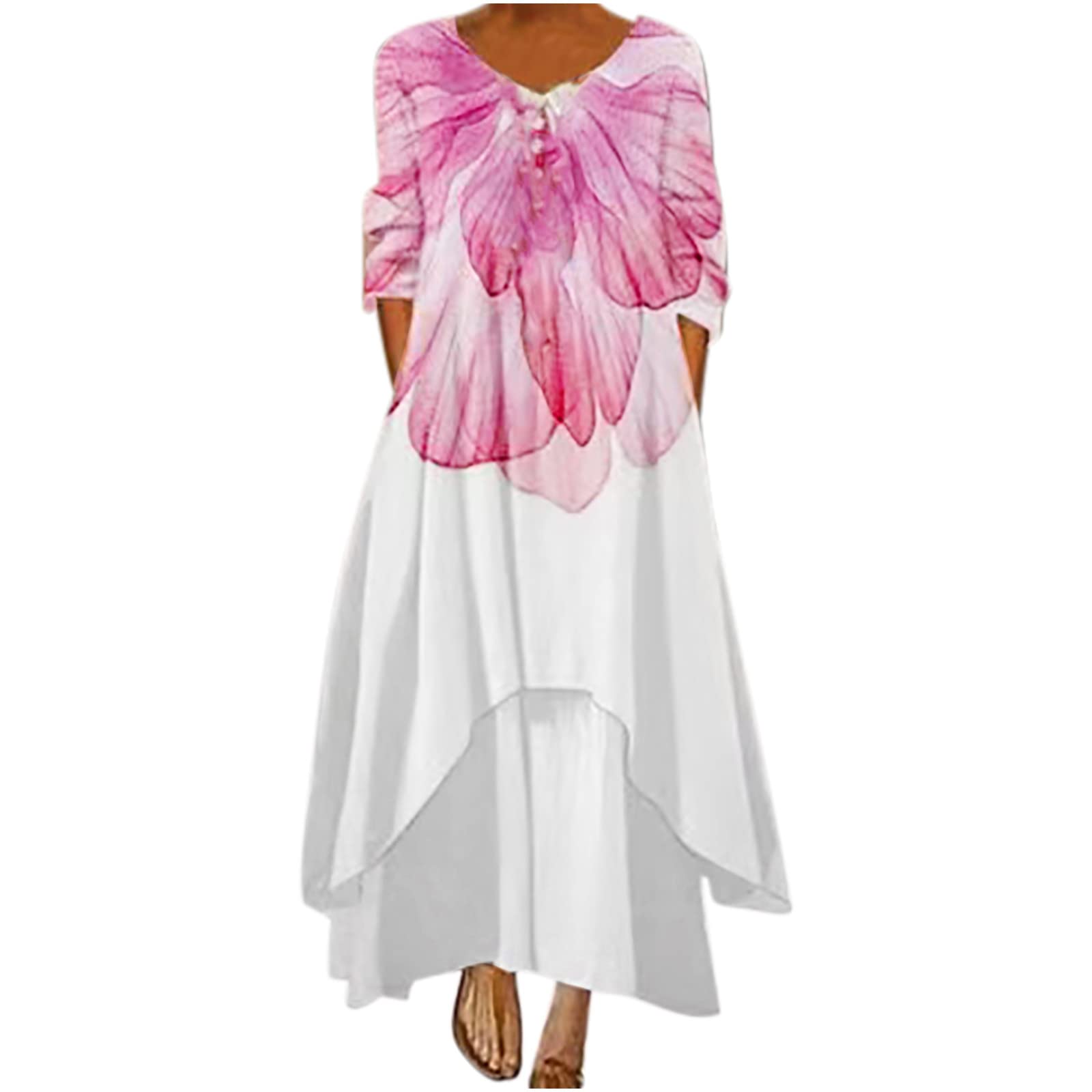 Women's Summer Maxi Dress - Long Sleeve V-Neck Floral Print Casual Loose Dress for Beach, Party & Vacation | Elegant Irregular Hem Design