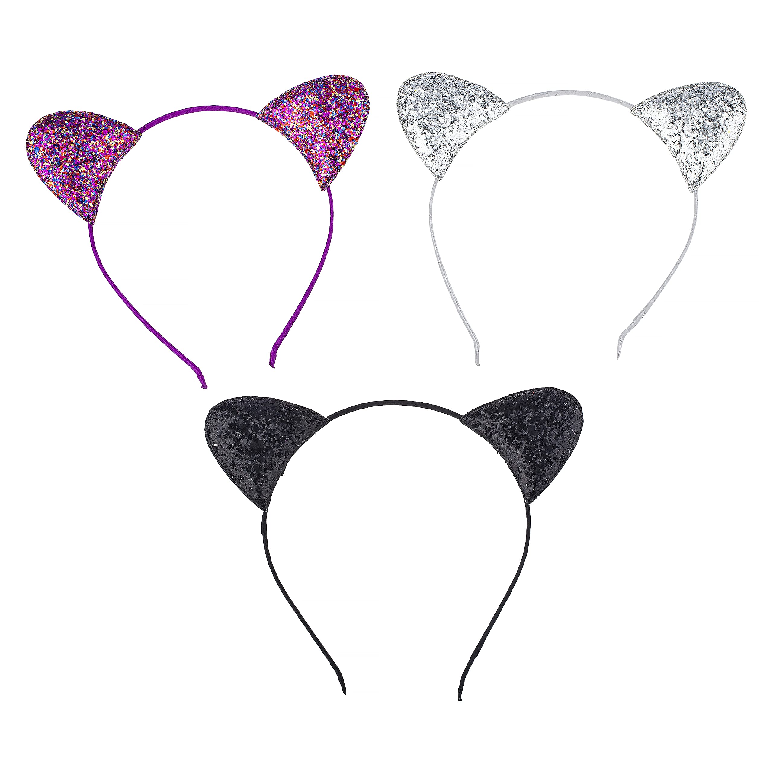 Christmas Cat Ears Headband Set - Glittery Silver Black Pink for Girls | Party & Cosplay