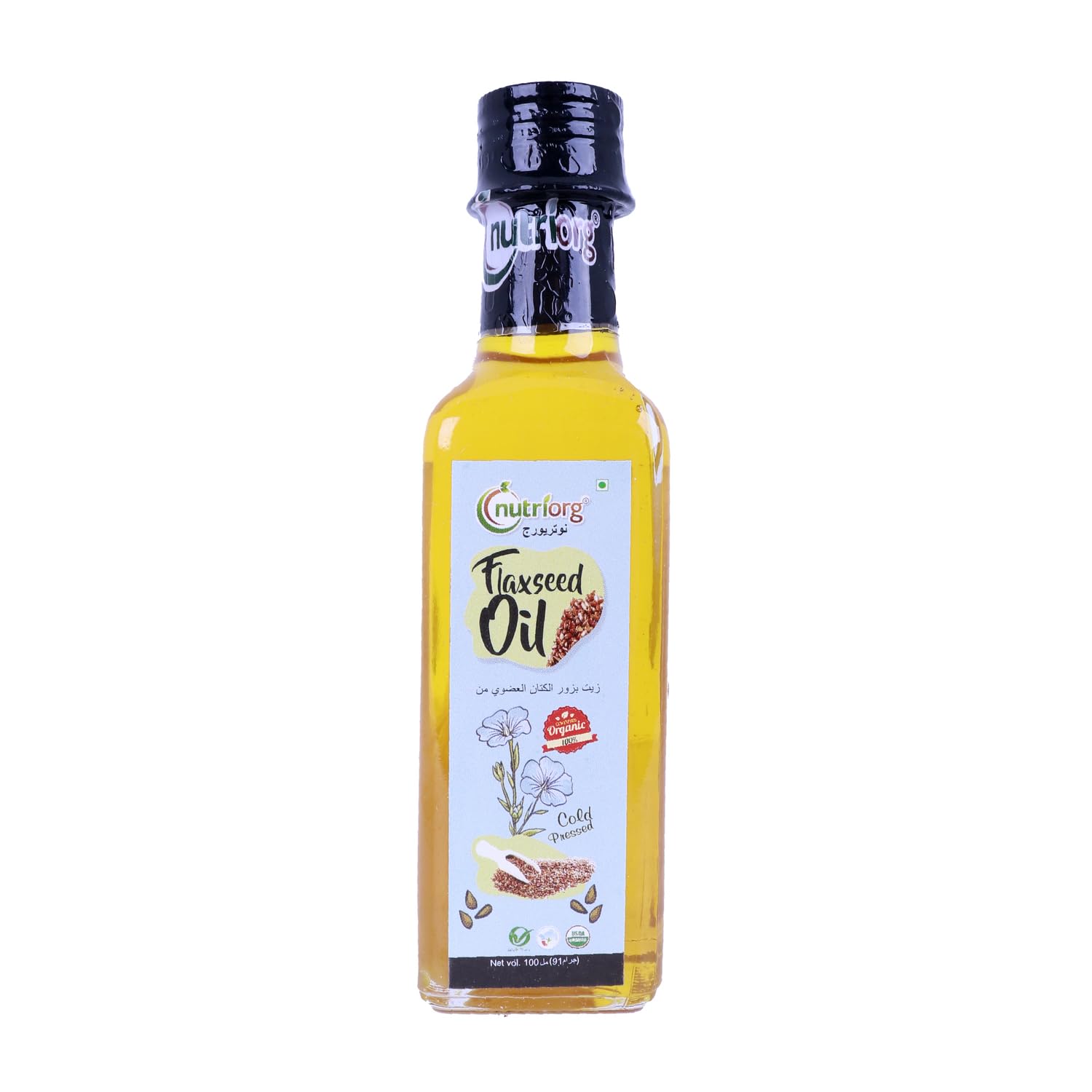 Nutriorg Cold Pressed Organic Flaxseed Oil 100ml - USDA Certified, High in Omega 3 6 9, Supports Heart Health & Weight Management - Perfect for Salad Dressings, Smoothies & Skin Care
