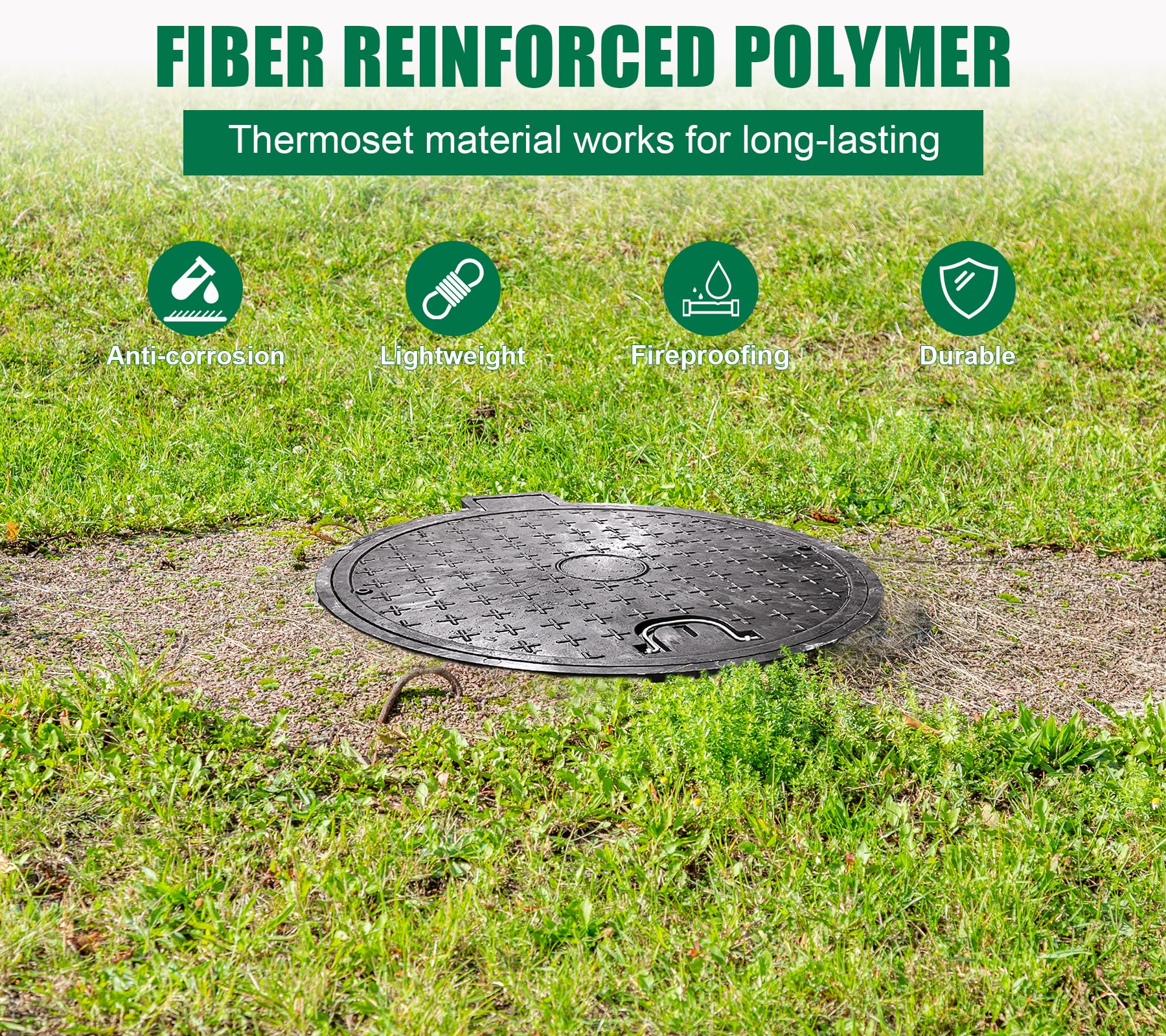 26in Fiberglass Manhole Cover with Reinforced Steel Frame - 24in Clear Opening Round Solid Top Septic Tank Lid - Bolted Down Base & Handle - Heavy Duty Sewer Cover (28in Overall Size) - Ideal for Underground Utility Access, Drainage Systems & Municipal Infrastructure