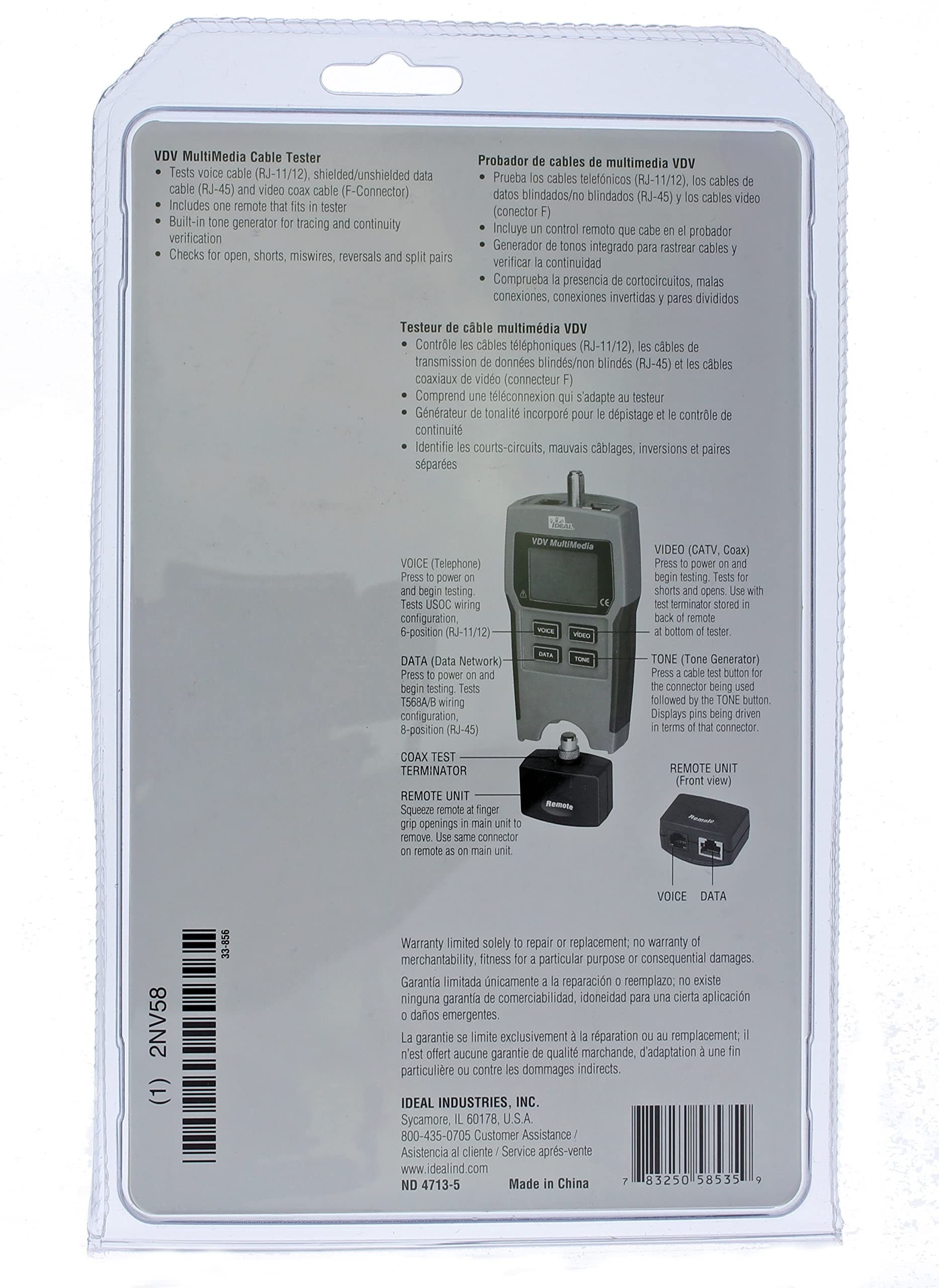 IDEAL INDUSTRIES INC. 33-856 VDV Multimedia Wiremap Tester - CAT3/5e/6/6A & RG-59/6/6 Quad Cable Tester for Voice/Data/Video Networks - Perfect for IT Technicians & Network Installations