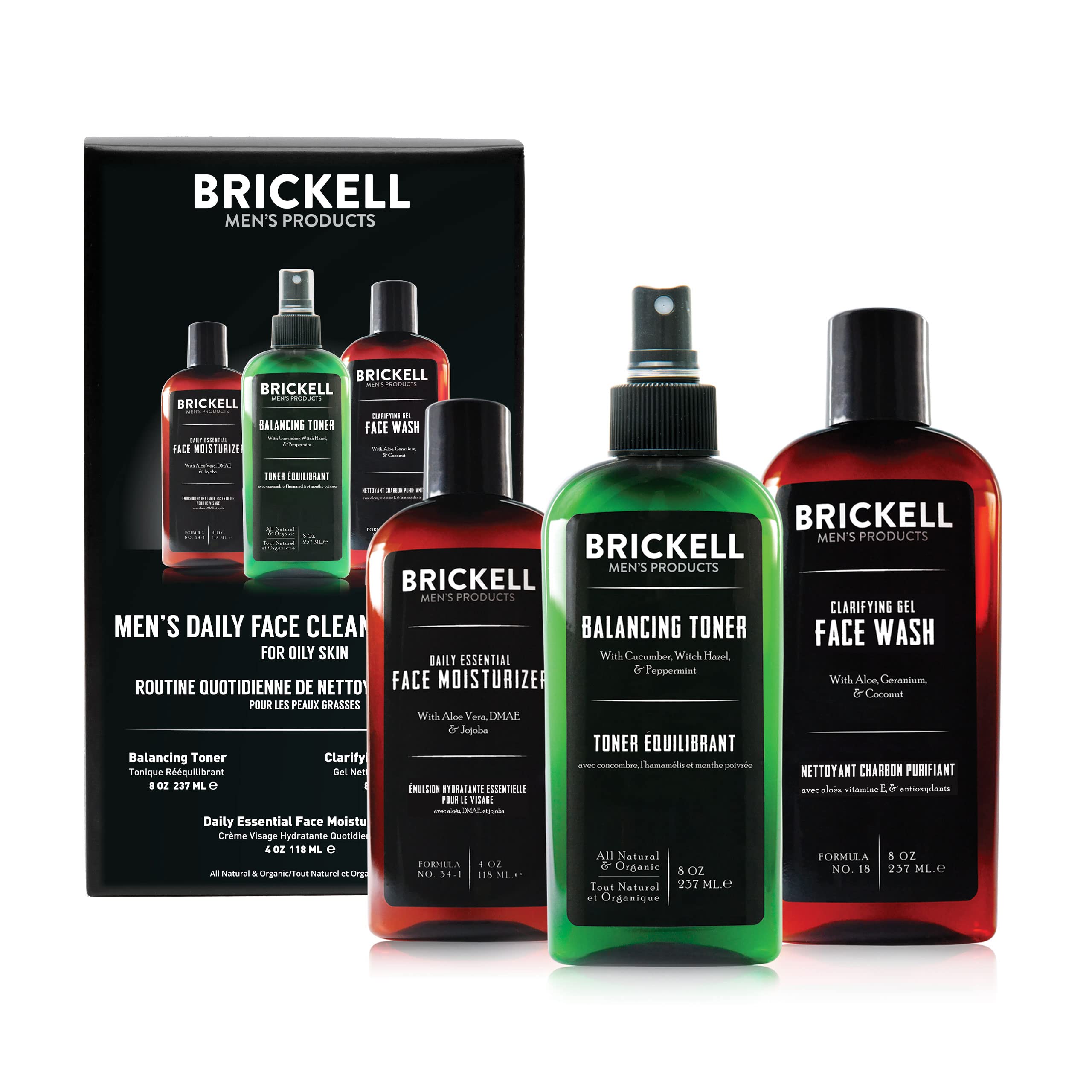 Brickell Men's Daily Face Cleanser Set for Oily Skin - Alcohol-Free Toner, Gel Facial Wash & Moisturizer - Natural Organic Skincare Routine - Perfect for Morning & Night Use