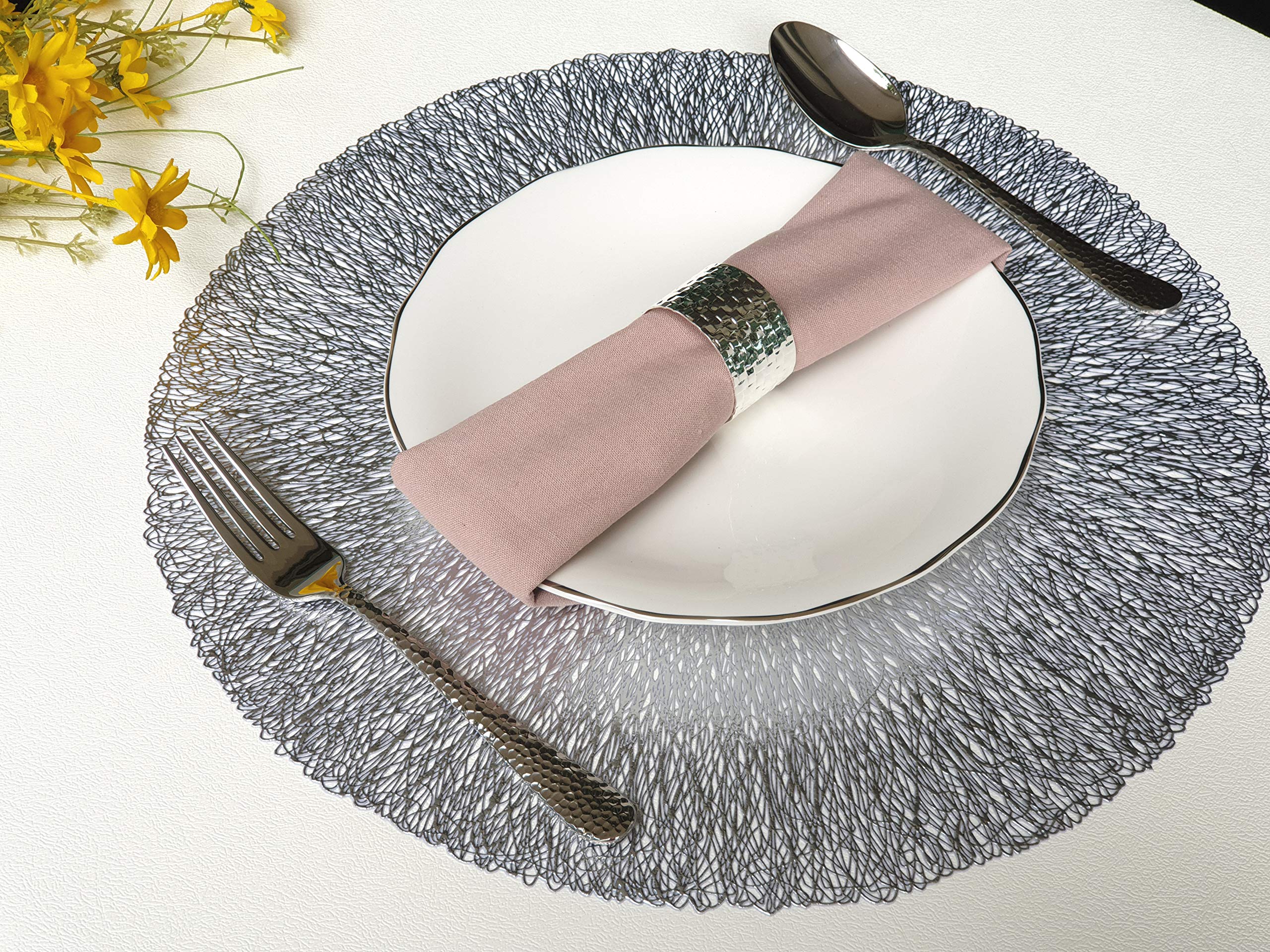 Round Silver Vinyl Placemats Set of 4 - 15 Inch Modern Dining Table Mats for Thanksgiving, Christmas & Housewarming Parties - Waterproof & Easy Clean Place Settings for Everyday Use & Special Occasions