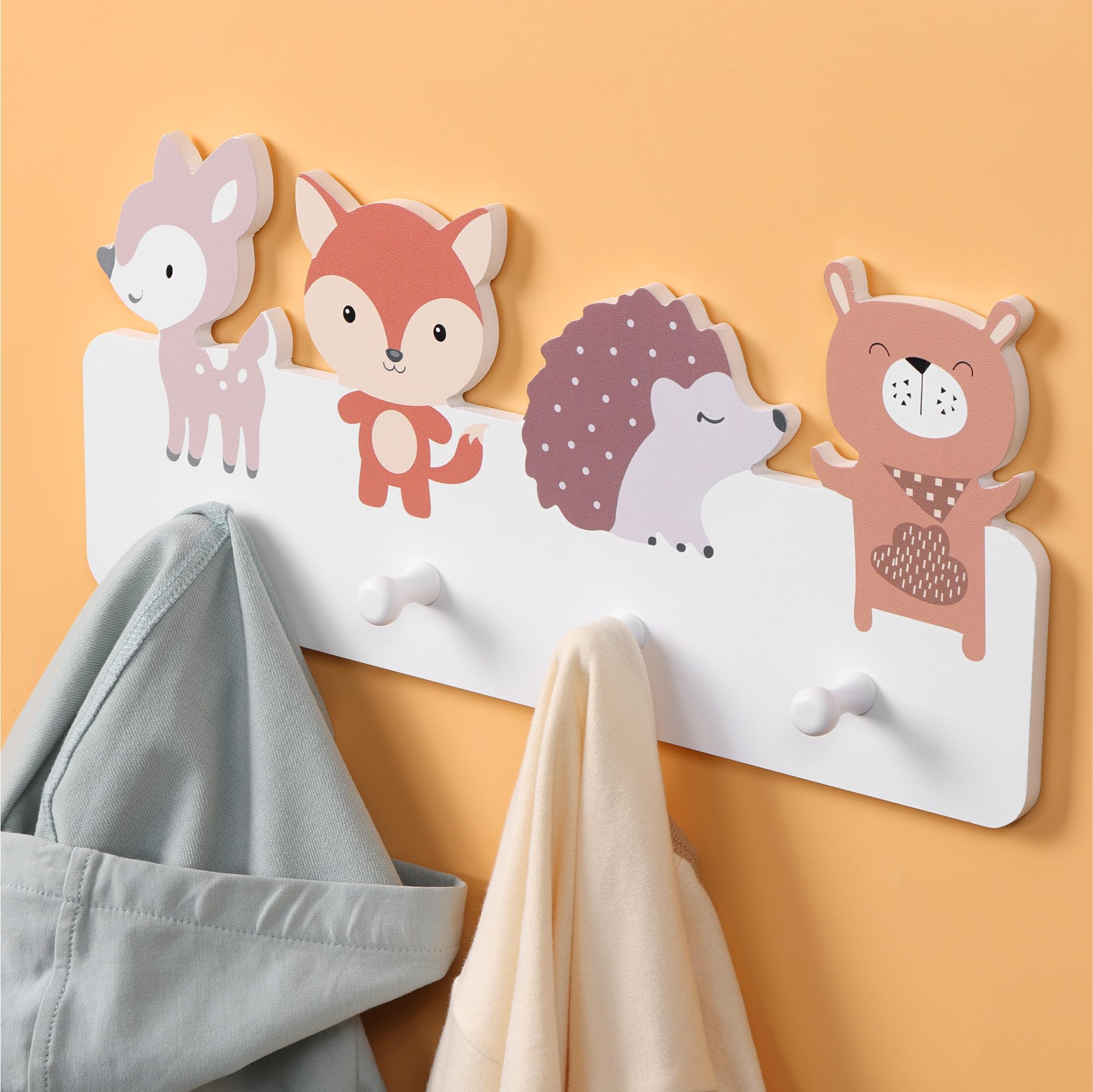 Navaris Wall Mounted Coat Rack - Sturdy 4-Hook Wooden Entryway Organizer with Animal Design - Space-Saving Wall Hooks for Jackets, Bags & Hats - Perfect for Kids Bedroom, Hallway or Mudroom Organization