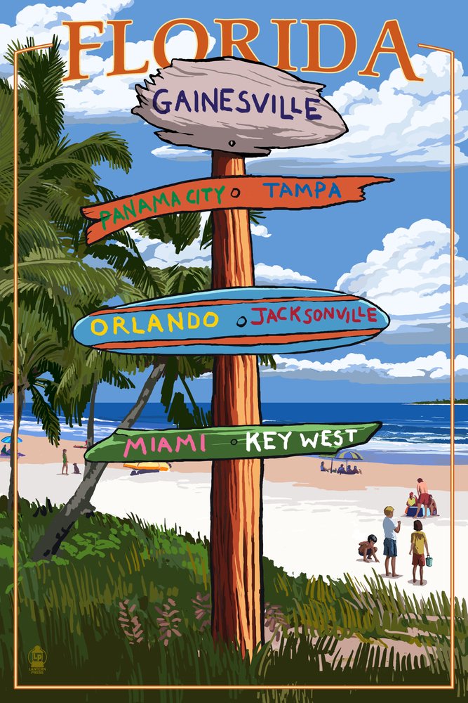 Lantern Press Gainesville Florida Destination Signpost - 12x18 Wall Art Poster for Home & Office Decor - Perfect for Living Room, Bedroom, or Gift