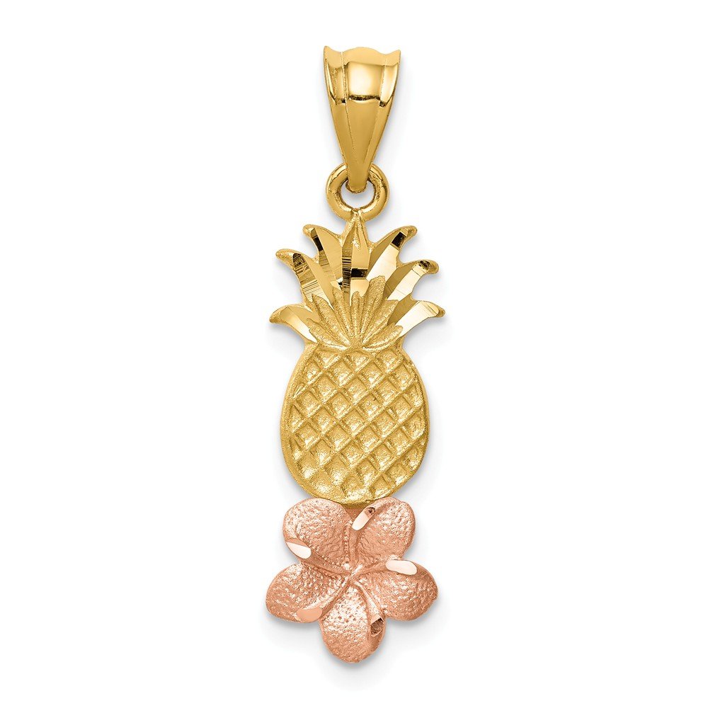 14K Yellow & Rose Gold Pineapple Plumeria Pendant Necklace - Hawaiian Tropical Jewelry for Women, Beach Vacation Gift, Summer Party Accessory