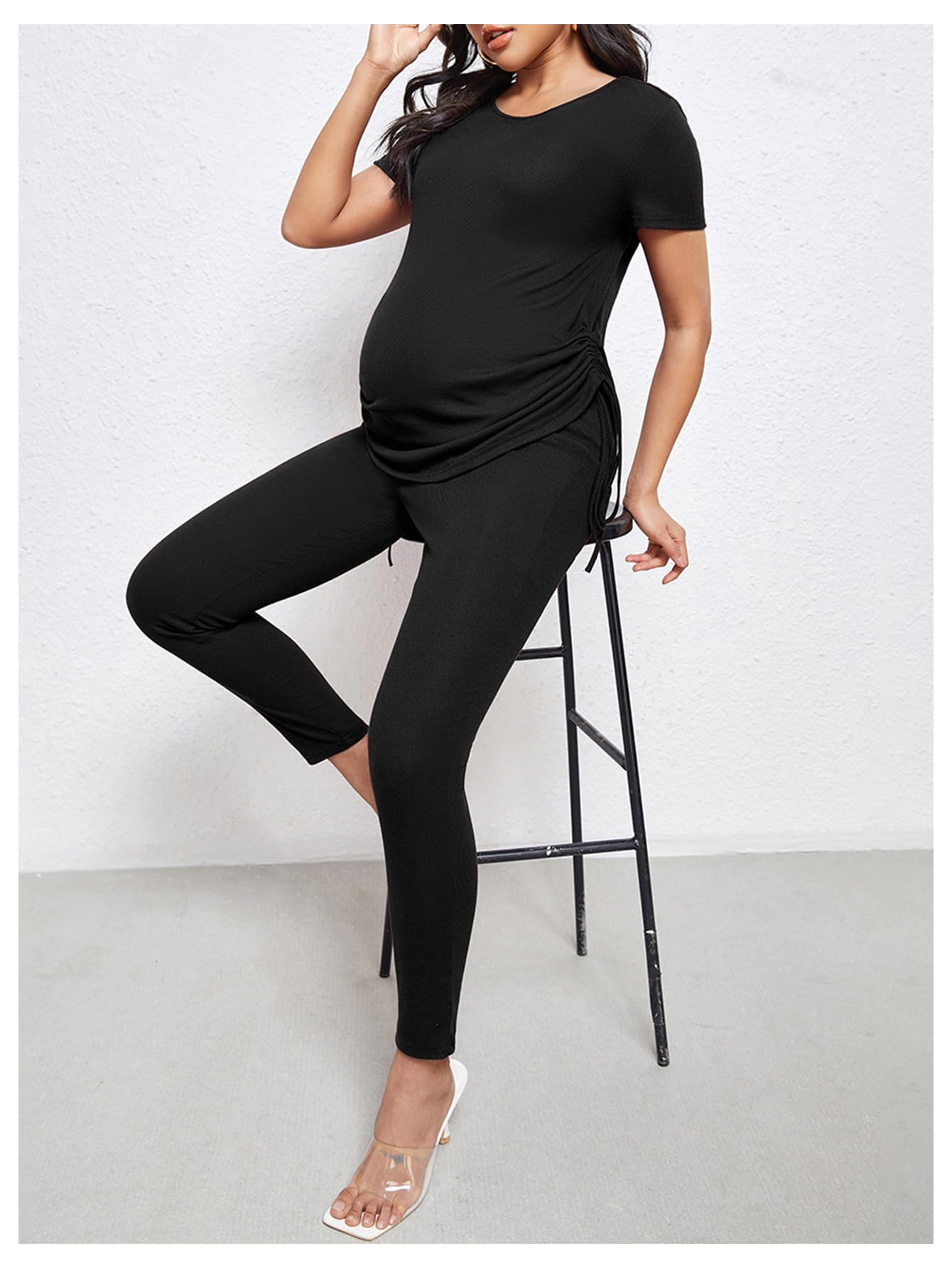 OYOANGLE Women's Maternity 2 Piece Outfits - Soft Ribbed Nursing Tee & Stretchy Leggings Pregnancy Lounge Set for Comfortable Maternity Wear | Perfect for Pregnancy, Nursing, and Relaxing at Home