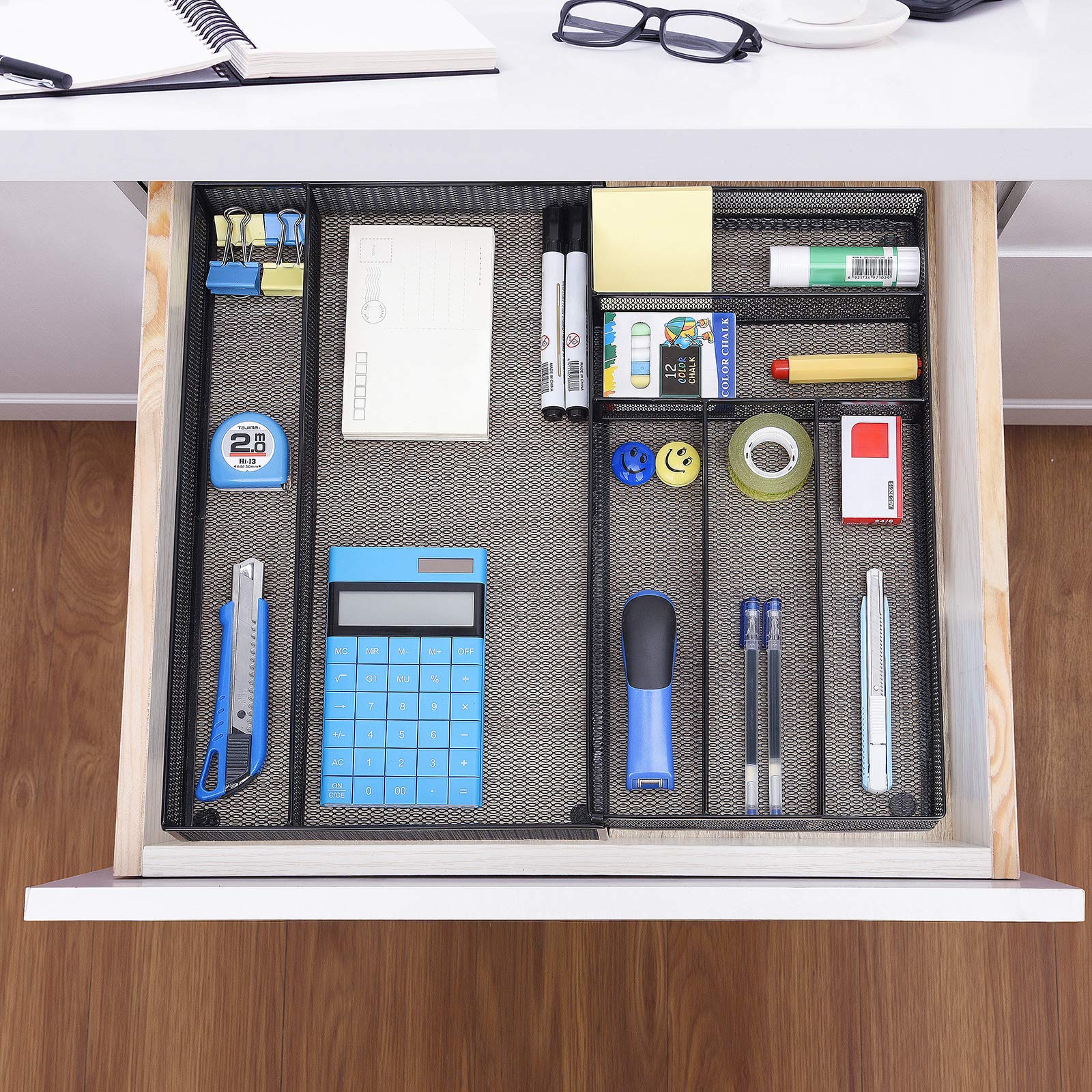 WuGeShop Expandable Mesh Desk Organizer with 7 Compartments - Metal Office Supplies Storage Tray for Desk Drawer, Black | Perfect for Home Office, Workspace & School Organization