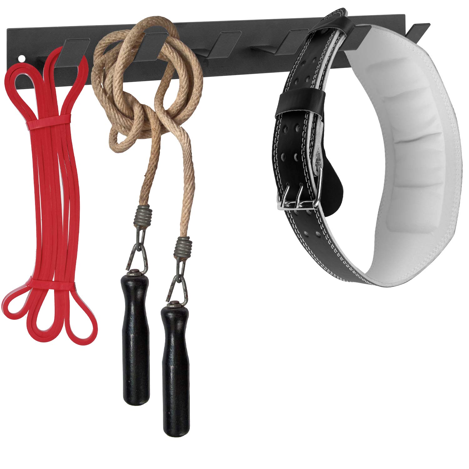 Black Metal Wall Mounted Gym Equipment Rack - 6 Hook Exercise Organizer for Resistance Bands, Jump Ropes & Weight Belts - Perfect for Home Gym, CrossFit & Fitness Accessories Storage
