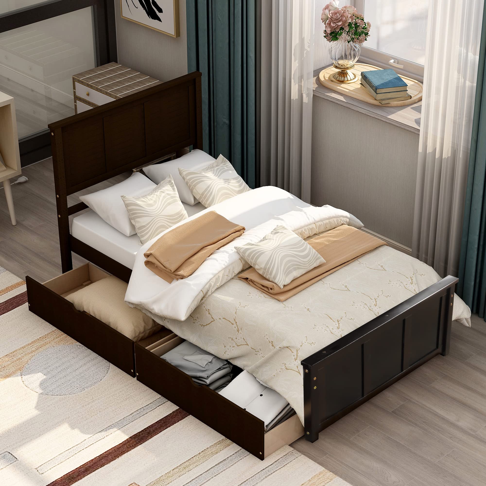 Minimalist Wooden Platform Bed Frame with Drawers & Headboard - Twin Size, Easy Assembly, Retro Espresso Finish - Perfect for Small Bedrooms, Guest Rooms & Modern Apartments