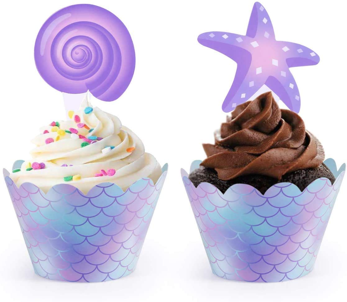 40-Pack Mermaid Cupcake Toppers & Wrappers - Under the Sea Birthday Party Decorations, Baby Shower Supplies for Mermaid Theme Party, Ocean Themed Dessert Decor - Perfect for Birthday Cakes, Cupcakes, and Dessert Tables