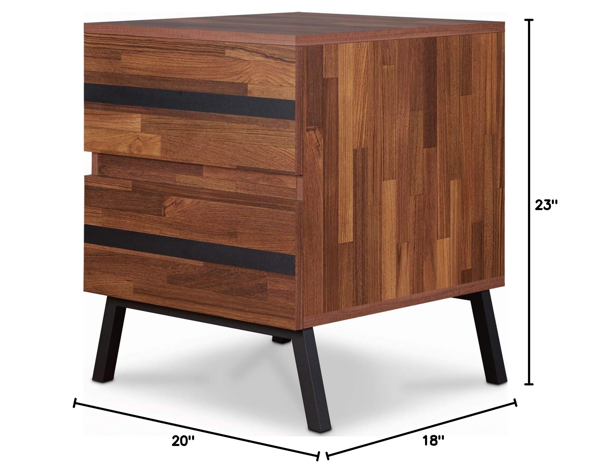 Modern 2-Drawer Nightstand with Metal Legs - Walnut & Black End Table for Bedroom, Living Room or Office - 18