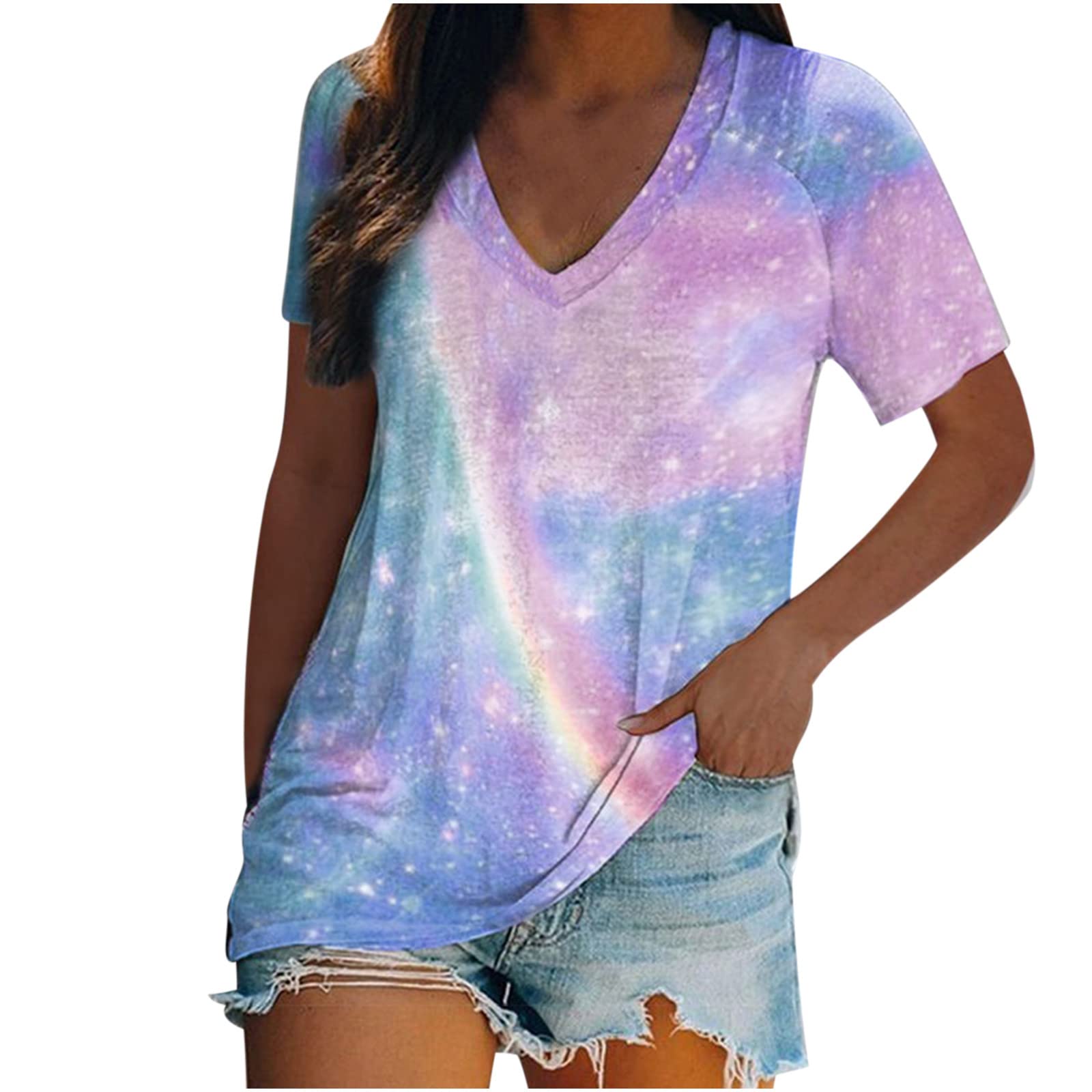 HRAPDA Women's Cute Summer Tops - Trendy Short Sleeve V-Neck Blouse, Loose Fit Graphic Tee, Sexy Casual Tunic Shirt for Going Out | Perfect for Beach Vacations, Date Nights & Weekend Brunch