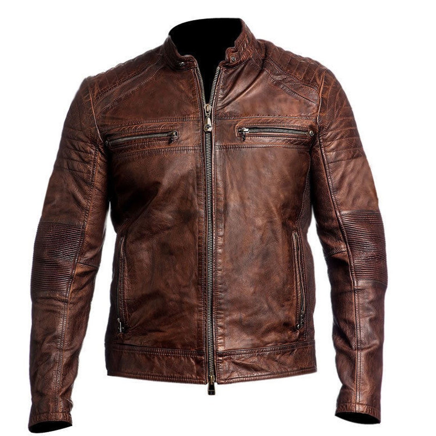 Men's Quilted Brown Biker Jacket - Protective Padded Motorcycle Leather Jacket for Riding & Casual Wear | Windproof & Durable for All Seasons