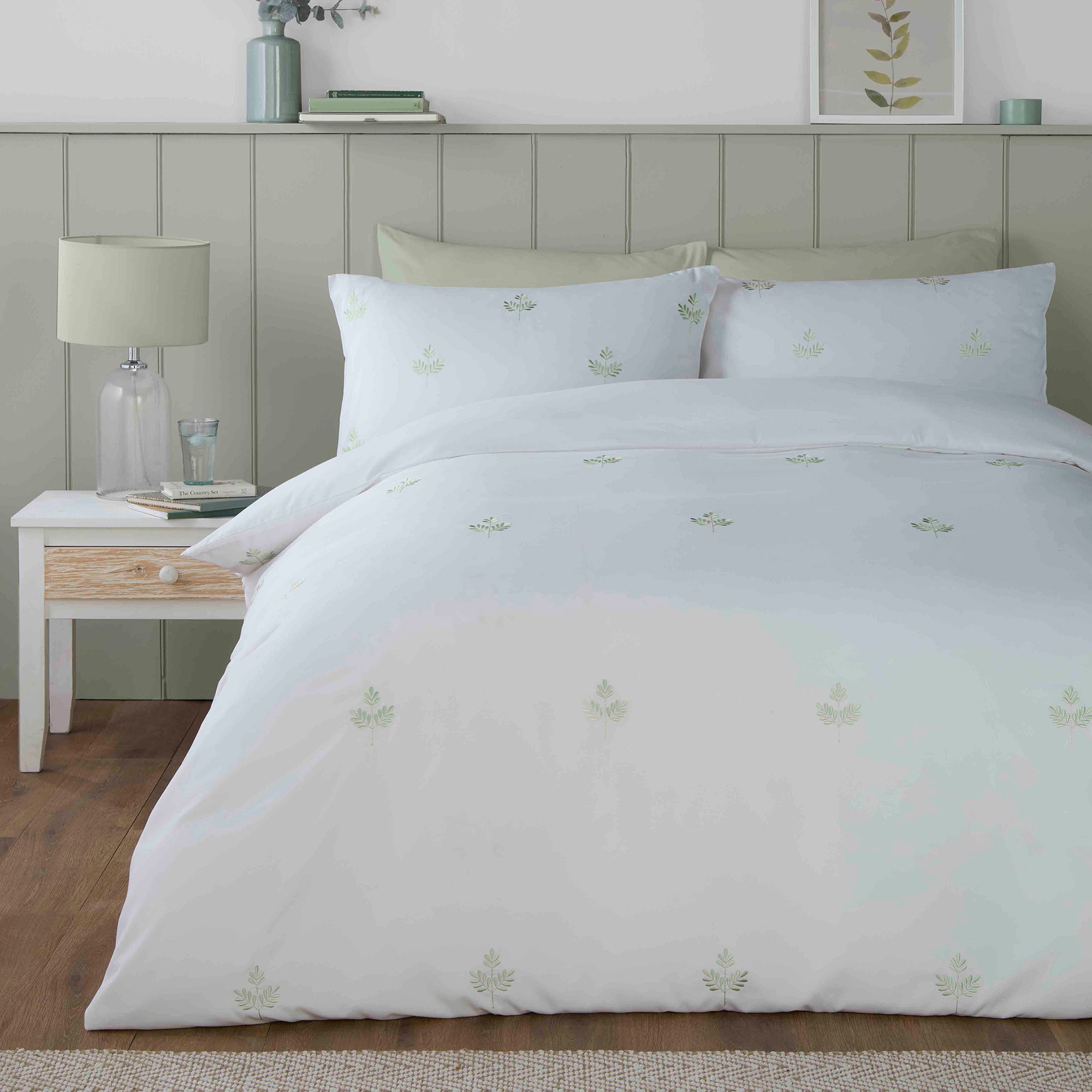 Serene Emily Embroidery Duvet Cover Set - Queen Size Green Floral Bedding for Master Bedroom & Guest Room Decor