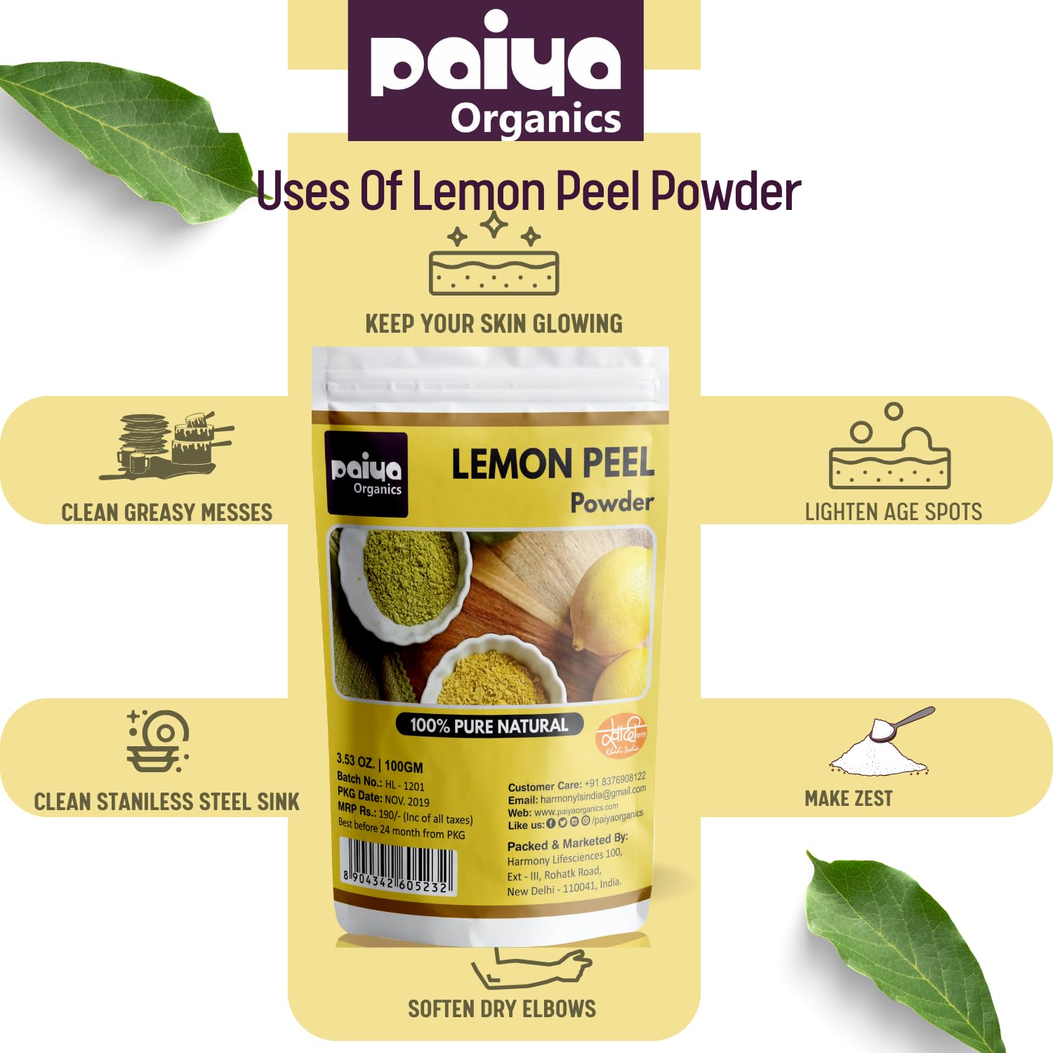 Organic Lemon Peel Powder for Face & Acne - 100g | Natural Skin Brightening & Exfoliating | DIY Face Masks & Skincare Treatments