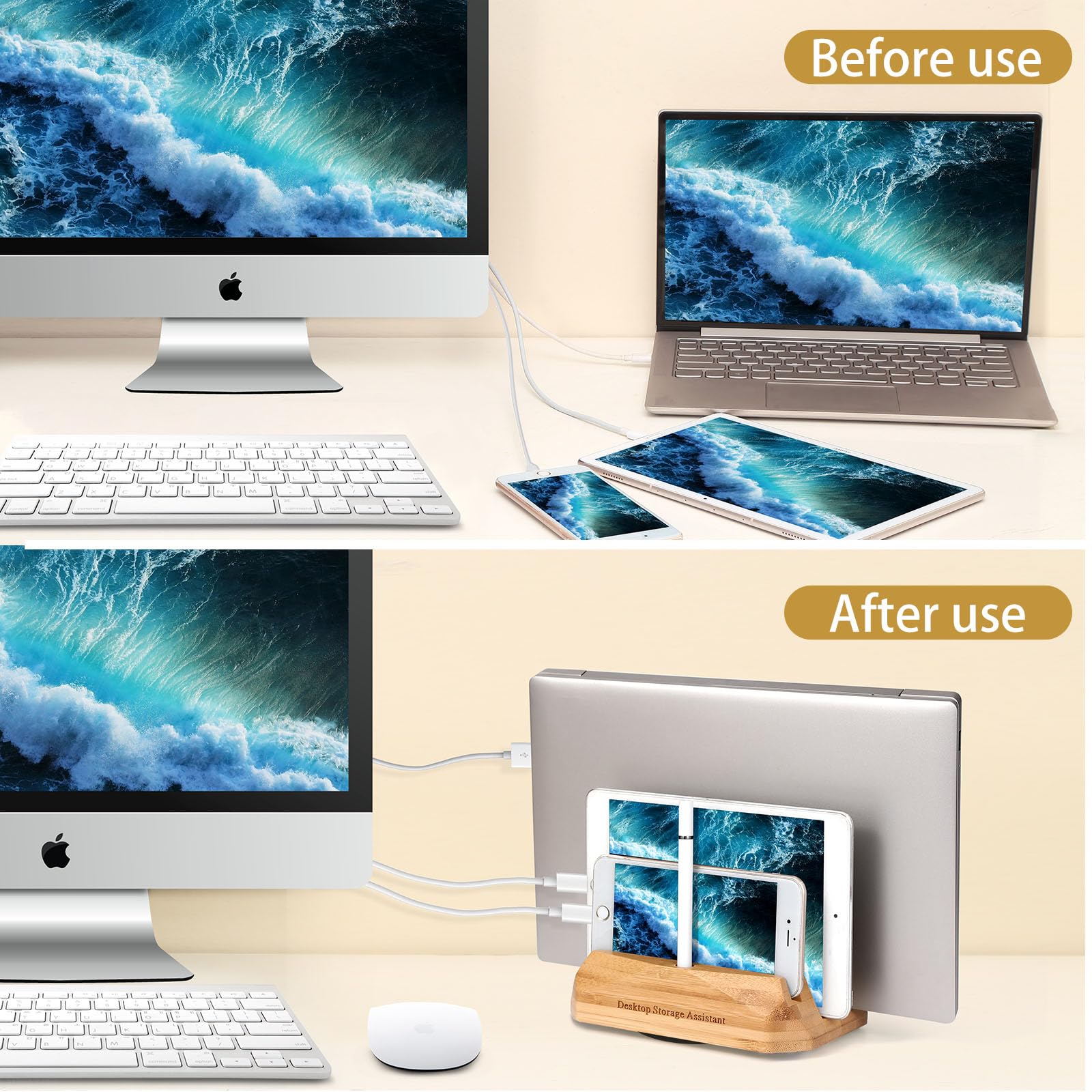 Vertical Wood Laptop Stand with 3 Slots - Walnut Laptop Holder for MacBook, Surface Pro, Samsung, HP, Dell, Chromebook - Perfect for Desk Organization and Space Saving