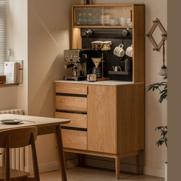 Solid Oak Wood Modern Rock Board Side High Tea Cabinet Buffet - Stylish Storage for Dining Room, Living Room & Kitchen | Perfect for Tea Parties, Buffets & Home Decor