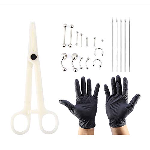 20Pcs Professional Body Piercing Kit - Ear, Nose, Tongue & Belly Button Piercing Tools with Clamping Mitten, Needles & Jewelry Rings - Perfect for DIY Piercing, Salon Use & Body Jewelry Replacement