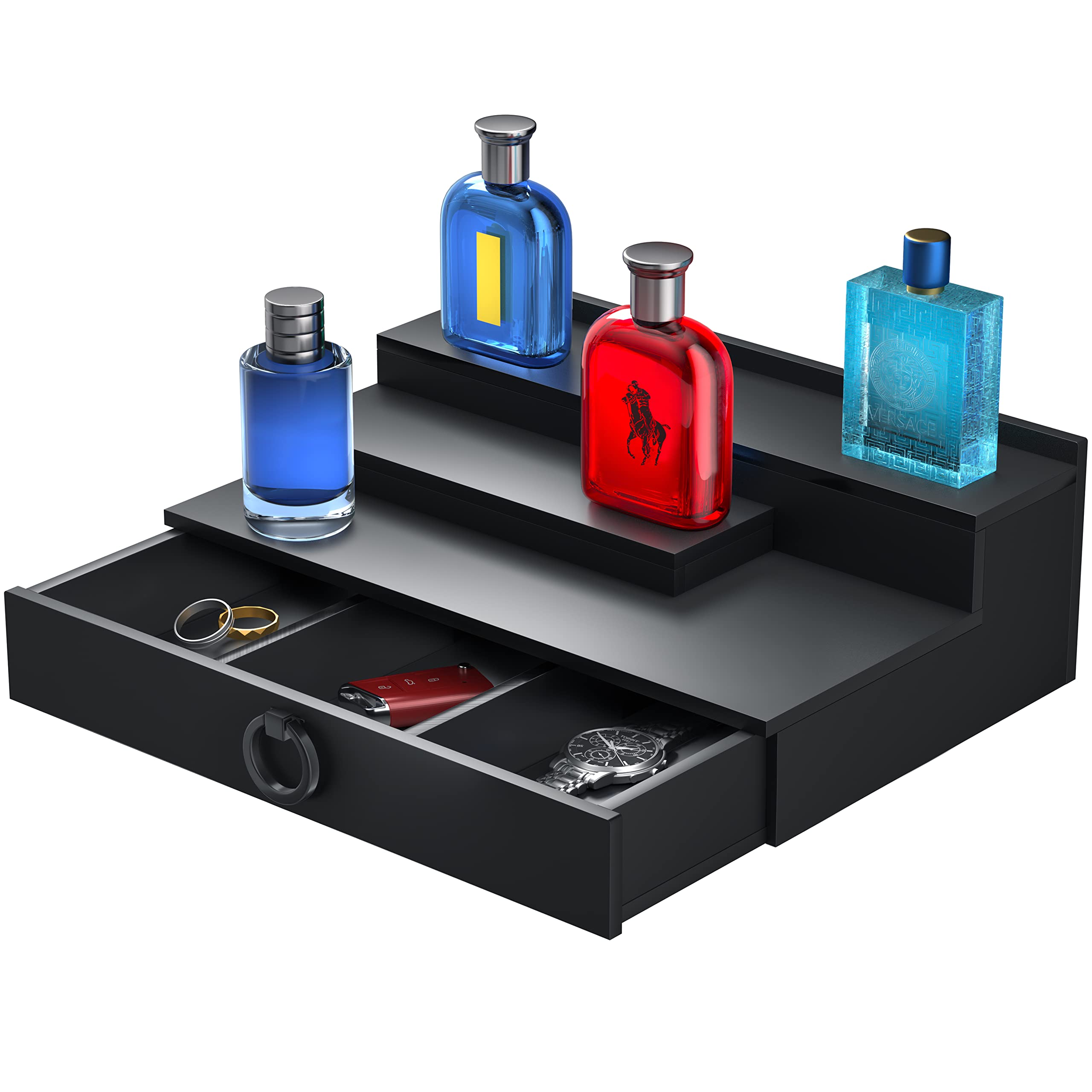 WINKINE Acrylic Cologne Organizer for Men - Perfume Display Shelf with Hidden Compartment & Drawer - Fragrance Storage Tray for Dresser | Perfect for Bedroom Vanity, Bathroom Counter & Closet Organization