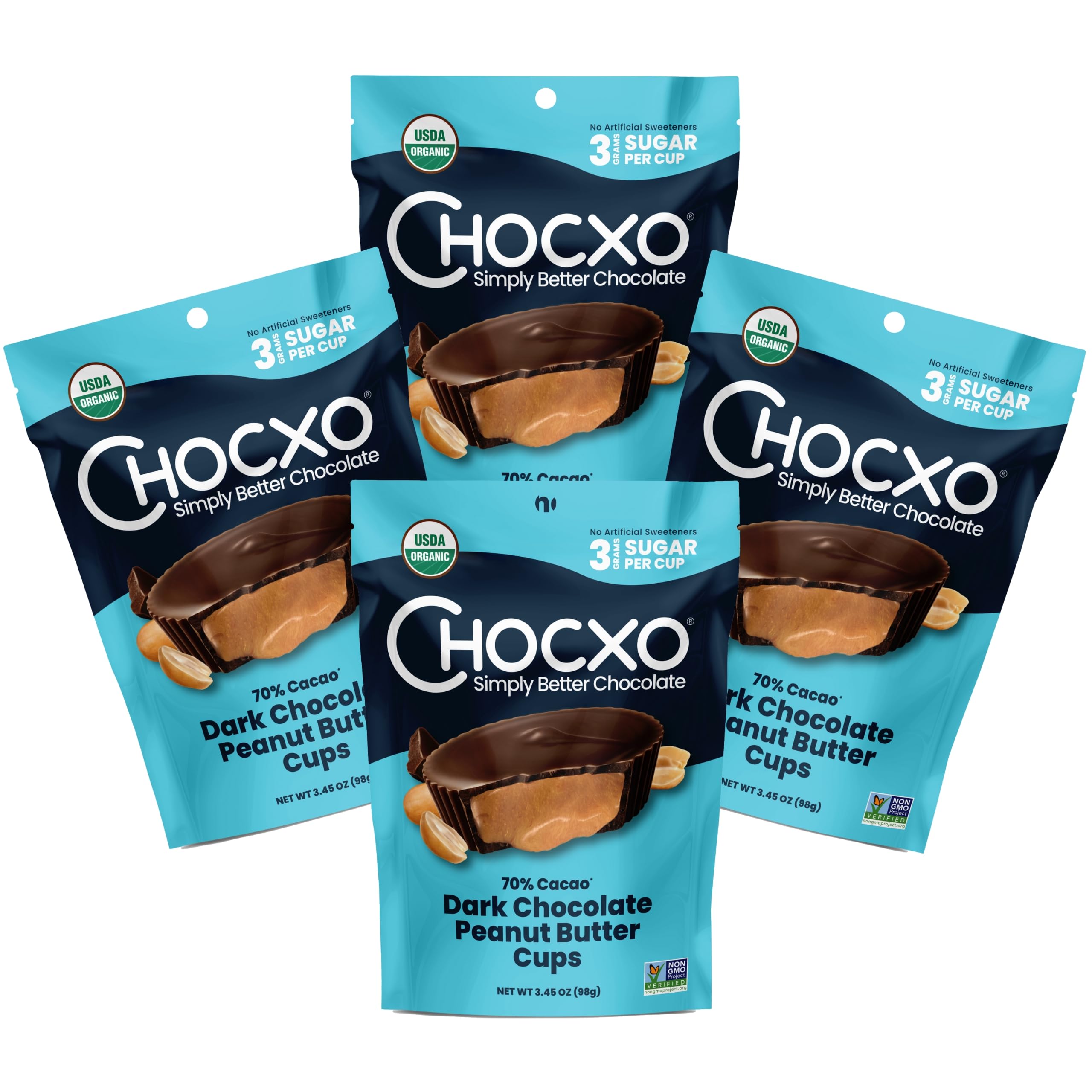 Organic Dark Chocolate Peanut Butter Cups - Low Sugar, Keto, Non-GMO, Gluten Free, Kosher, No Artificial Sweeteners | Healthy Snack for Weight Loss, Diabetics & Vegan Diet | Perfect for Office, Travel & Gift Giving - 3.45oz (Pack of 4)
