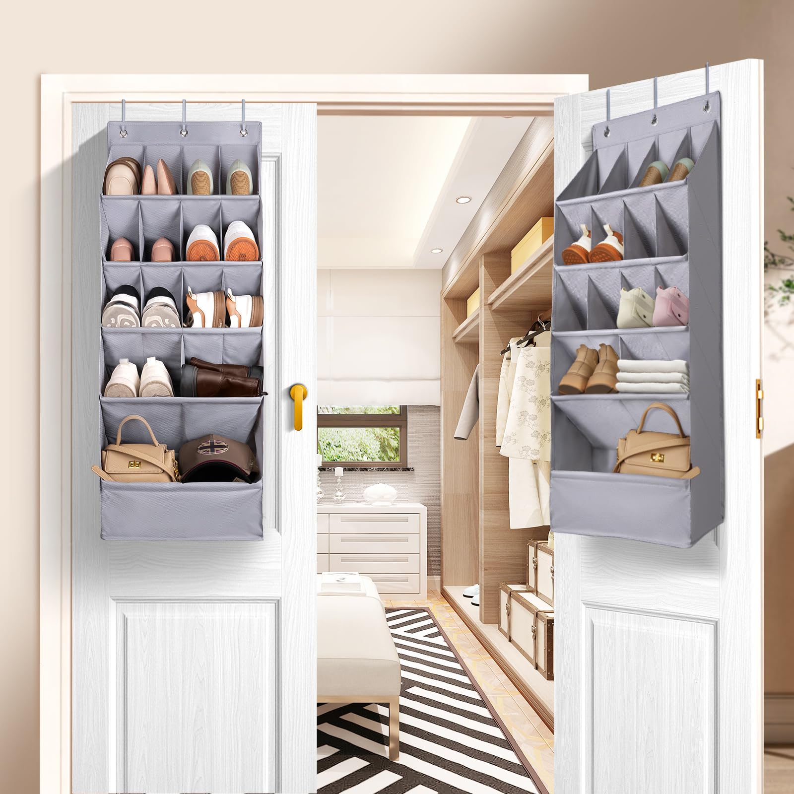 FENTEC Over the Door Shoe Organizer with 15 Large Pockets - Hanging Shoe Rack for Closet, Wall Mount Storage - Gray Space Saving Shoe Holder for Bedroom, Entryway & Dorm Organization