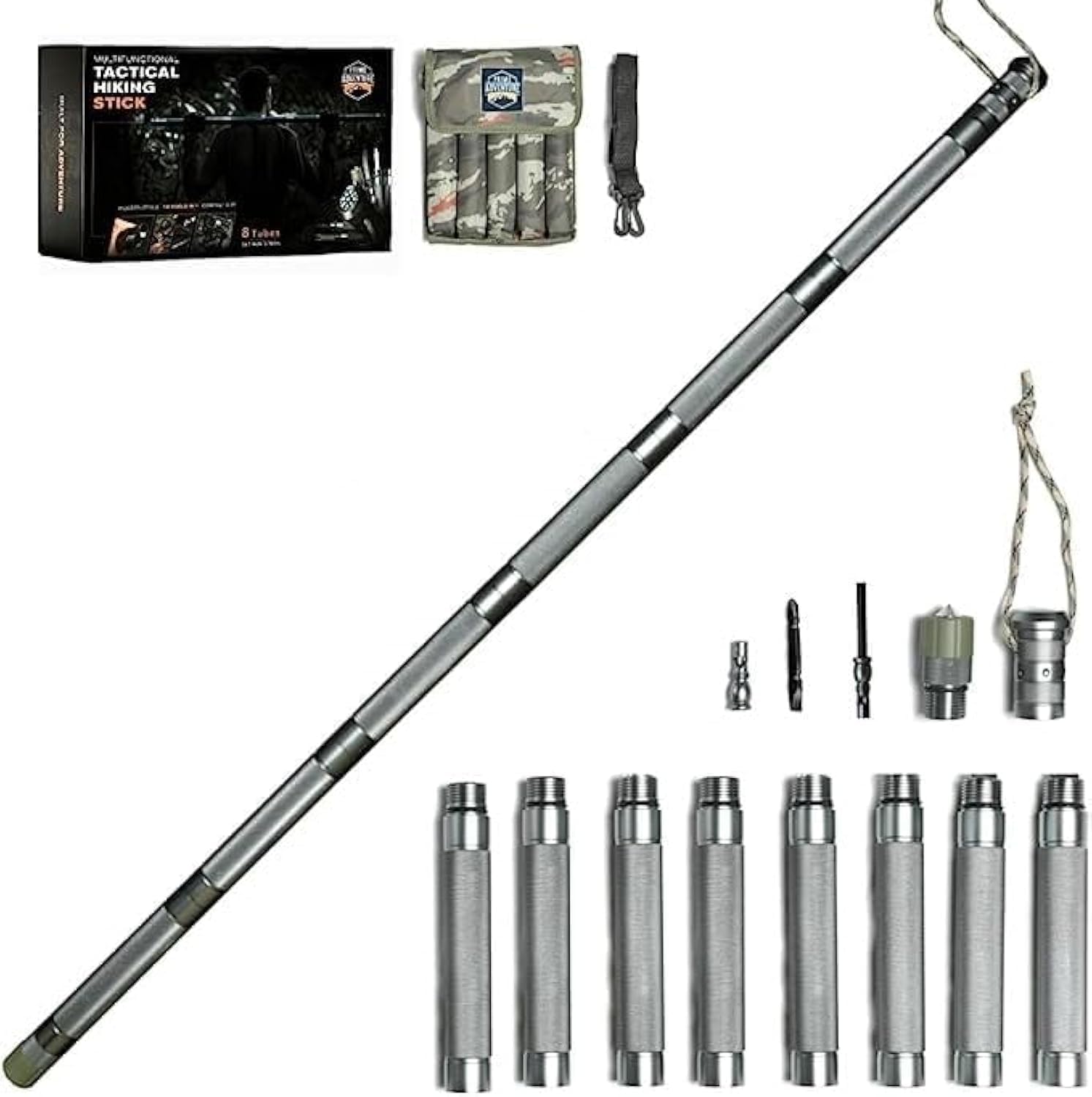 Premium 15-in-1 Collapsible Tactical Hiking Stick - Retractable Trekking Pole with 8 Tubes | Multifunctional Outdoor Gear for Hiking, Camping & Survival | Perfect for Backpacking, Mountaineering & Emergency Preparedness