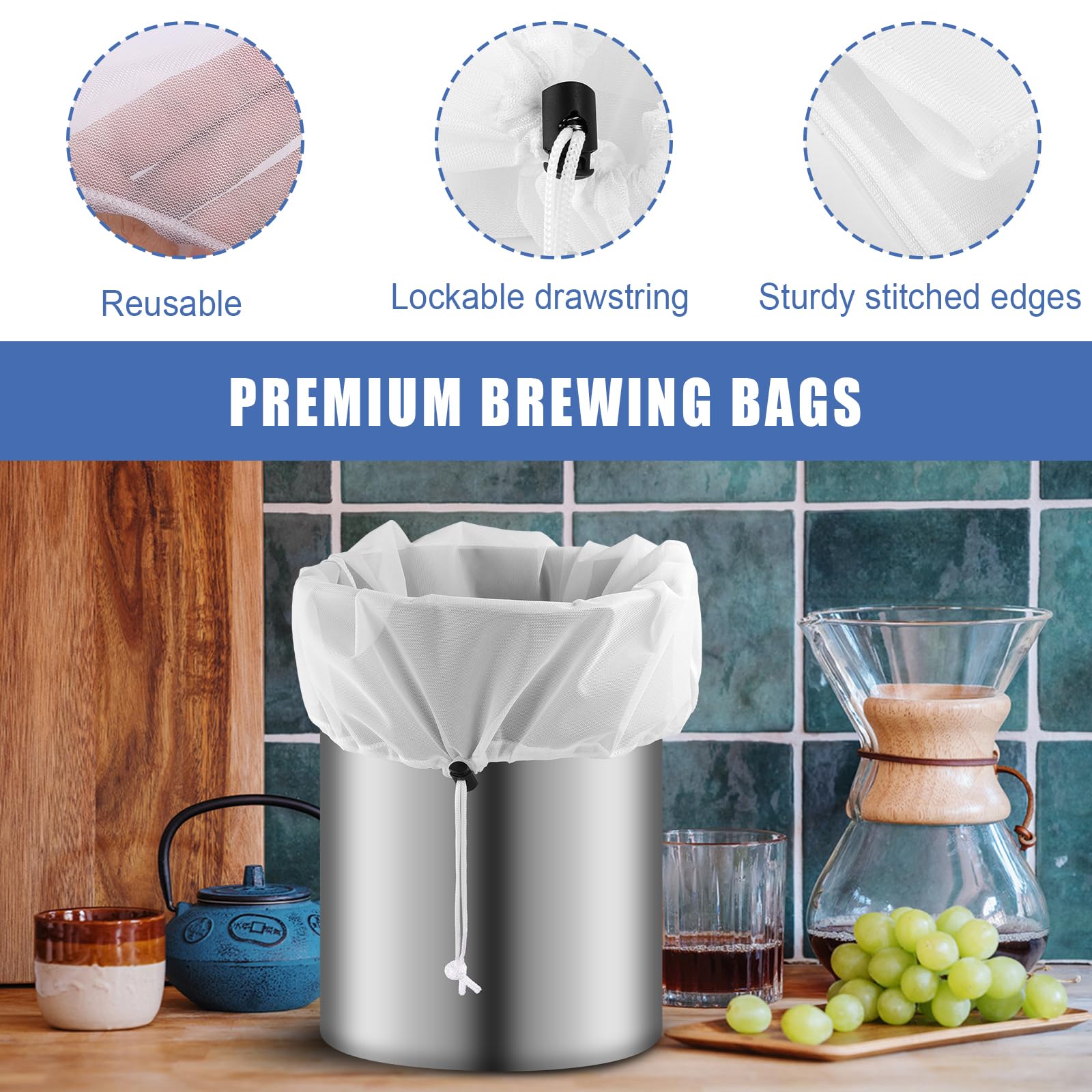 6-Pack Reusable Fine Mesh Brew Bags - Cold Brew, Wine Making & Beer Brewing Supplies for Hops, Grains & Fruits - Perfect for Home Brewing & DIY Beverage Making