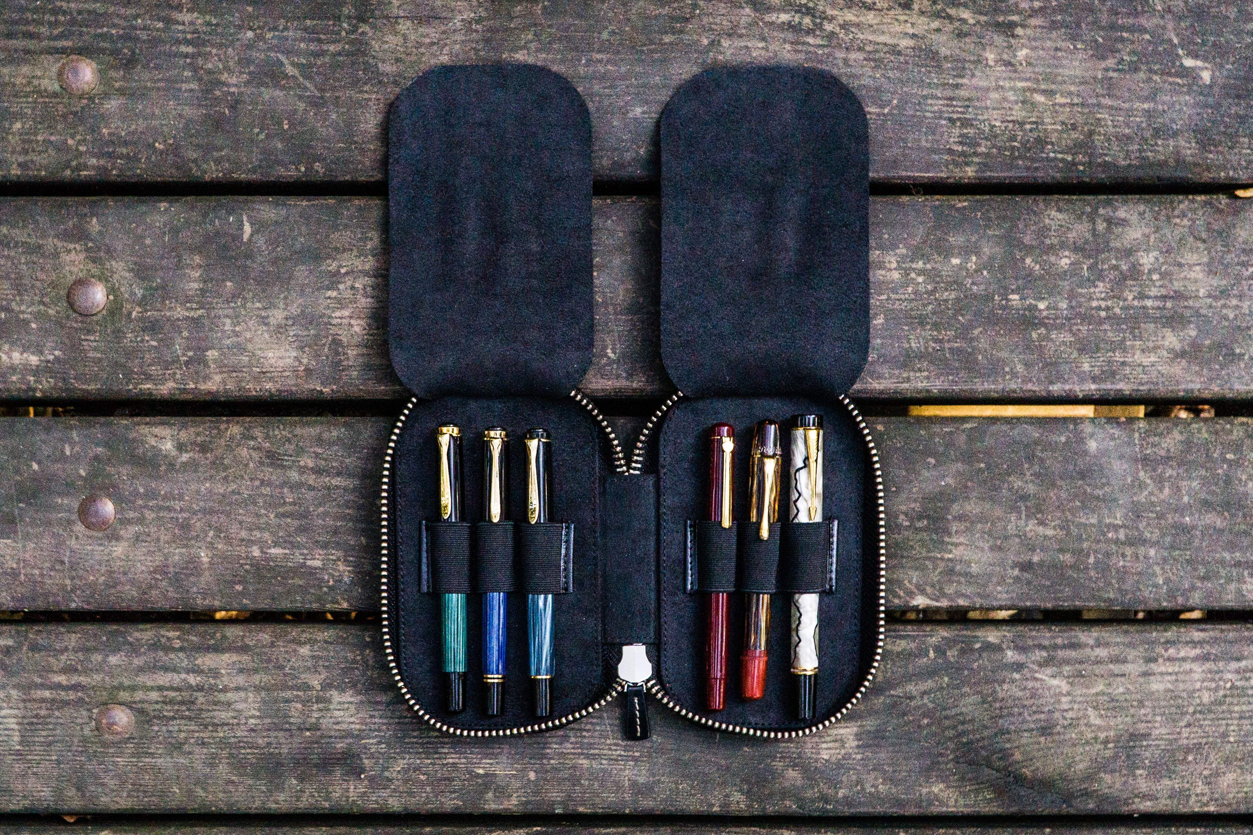 Premium Leather 6-Slot Zippered Pen Case - Black | Stylish & Durable Pencil Pouch for School, Office & Travel Organizer