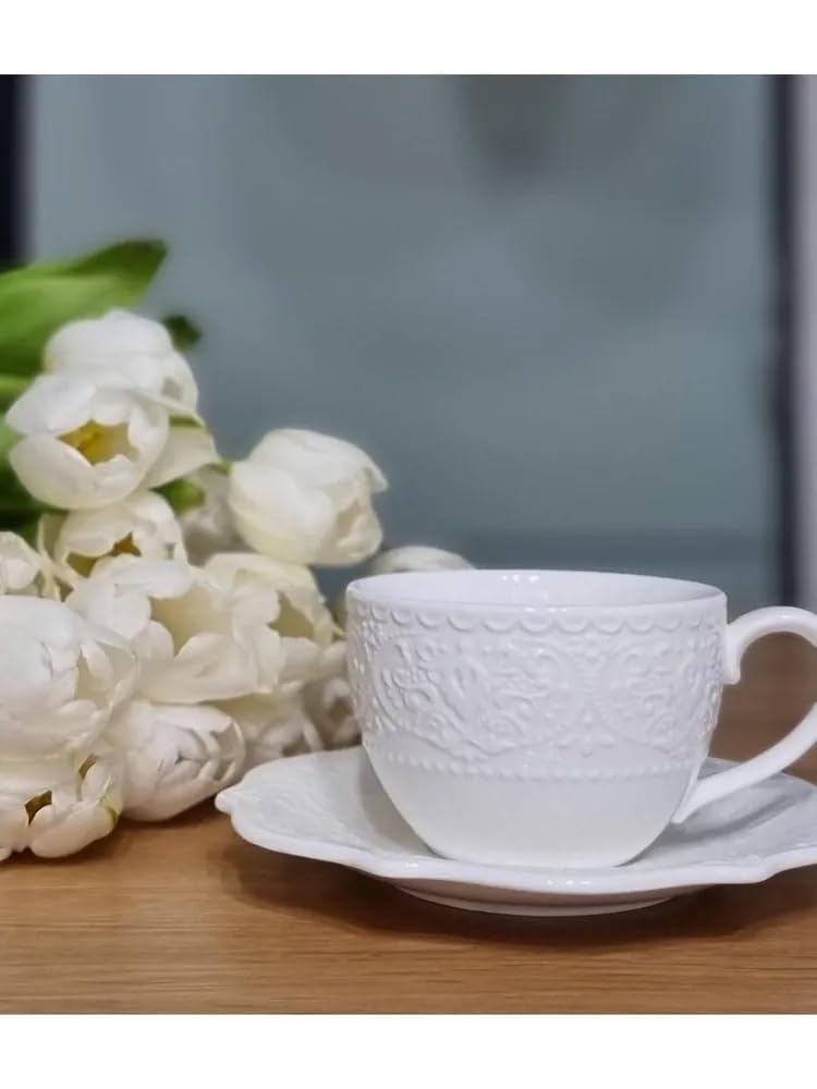 TUDOR ROYAL 12-Piece White Porcelain Cup and Saucer Set - Service for 6 with WHITEHALL Embossed Design & Scalloped Edges - Elegant Tea Set for Afternoon Tea, Bridal Shower, and Home Decor