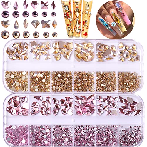 BELICEY 2120Pcs Champagne Gold Rhinestones & Pink Crystal Gems for Nail Art - Multi-Shaped Glass Diamonds in Round, Square & Fancy Cuts - DIY Nail Decorations for Manicures, Jewelry Making, Clothing & Shoe Embellishment