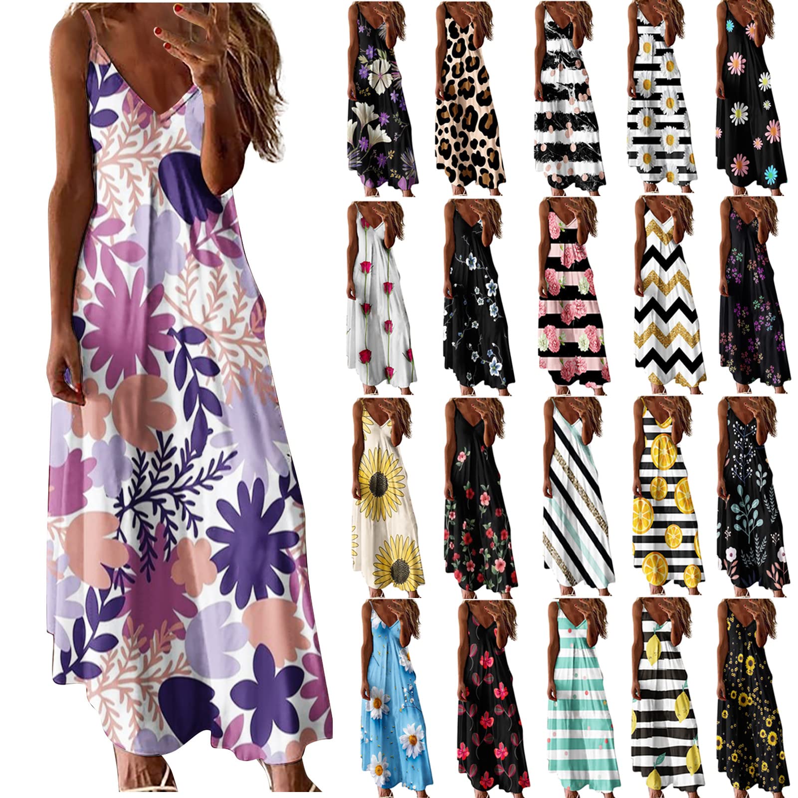 Floral Print Spaghetti Strap V-Neck Maxi Sundress - Women's Summer Boho Beach Dress with Loose Fit & Sleeveless Design for Vacation, Pool Party, and Casual Outings