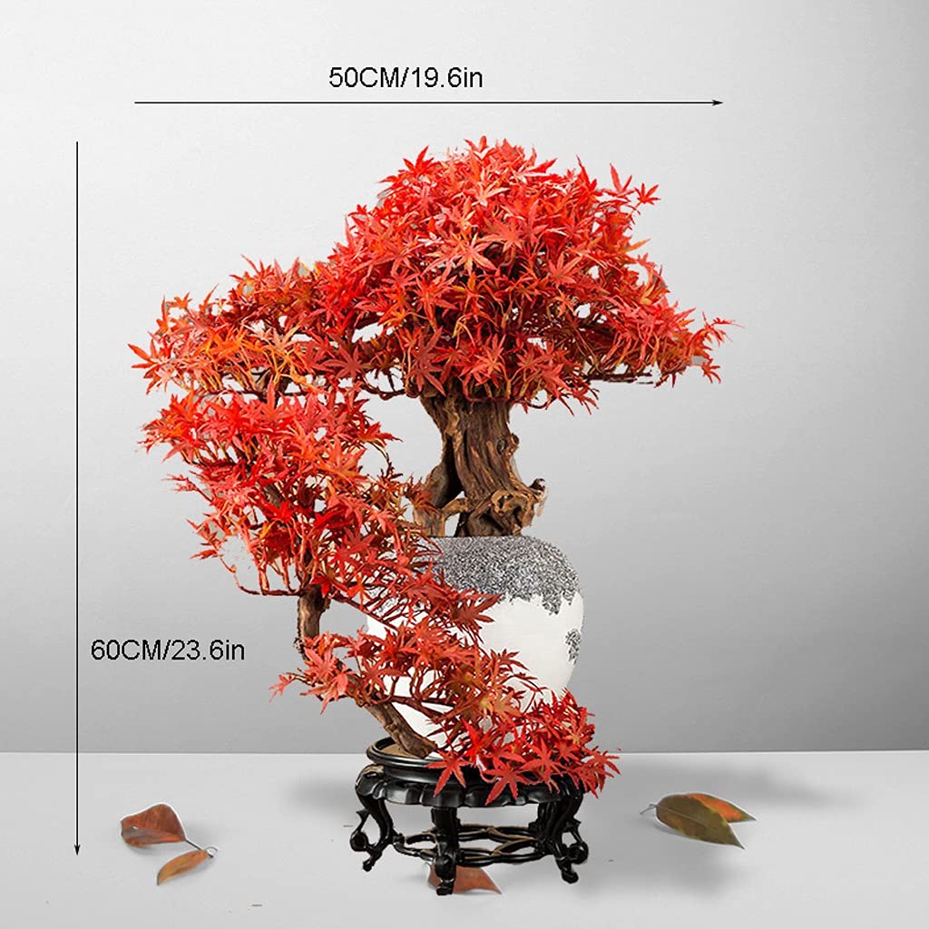 23.6 Inch Artificial Bonsai Tree - Faux Potted Pine & Red Maple Leaf Plant for Home & Office Decor | Perfect for Living Room, Desk, Shelf Display & Zen Garden Decorations