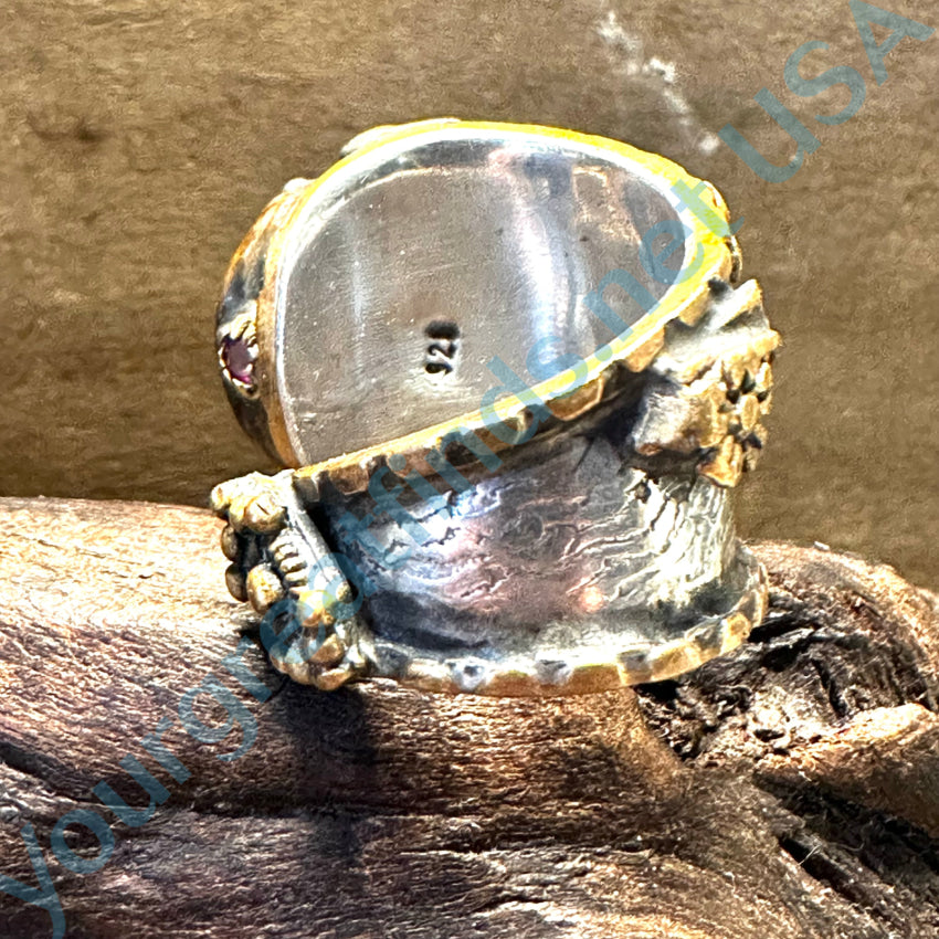 Handmade Vintage Sterling Silver & Brass Ring with Turquoise and Ruby Gemstones – Perfect for Boho, Hippie, and Festival Jewelry Lovers
