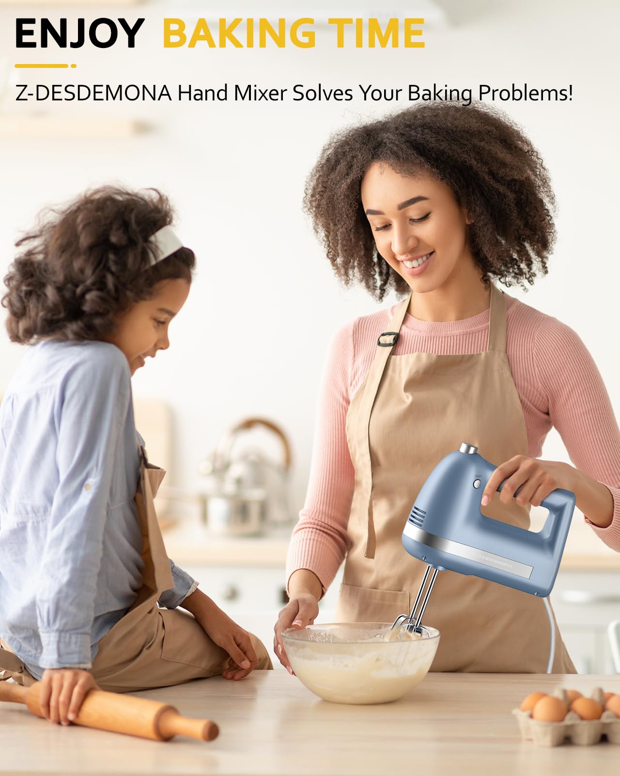 300W Electric Hand Mixer - Powerful Handheld Mixer with 304 Stainless Steel Beaters & Dough Hook - Turbo Function for Baking Cakes, Whipping Eggs & Cream - Perfect for Home Kitchen, Bakeries & Cooking Enthusiasts (Blue)