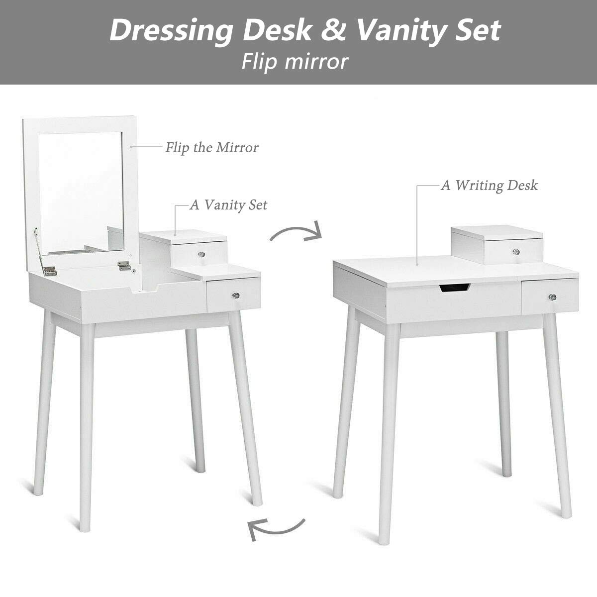 Vanity Dressing Table Set with Flip Mirror & Stool - Modern Writing Desk & Makeup Vanity for Bedroom, Home Office - Perfect for Beauty Routine, Study & Work Space