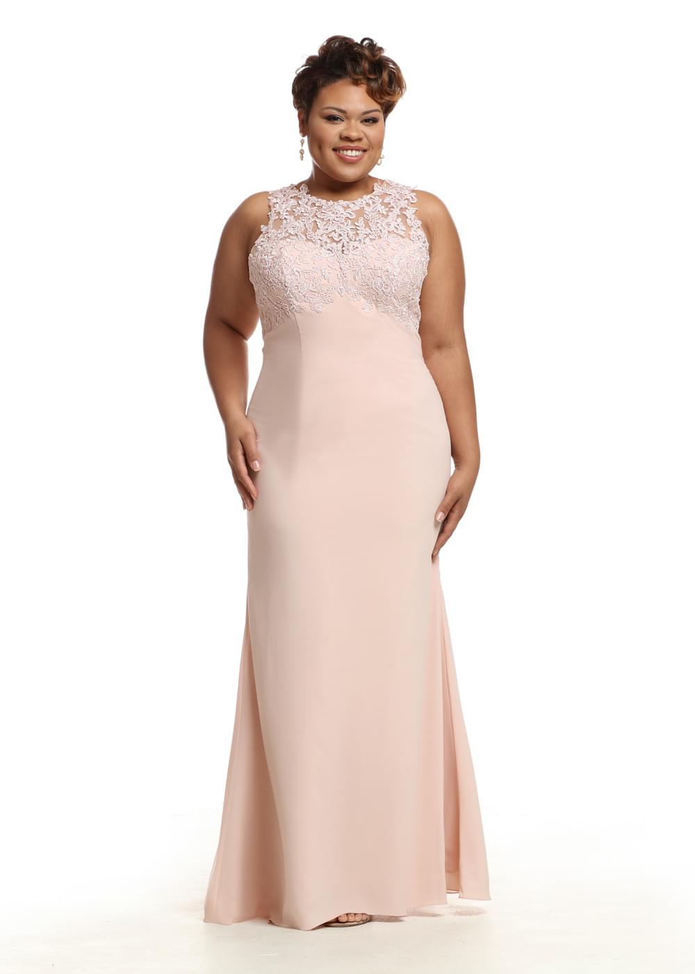 Elegant 80105 Fit and Flare Stretch Chiffon Bridesmaid Dress with Illusion Lace Neckline - Perfect for Weddings, Formal Events & Special Occasions