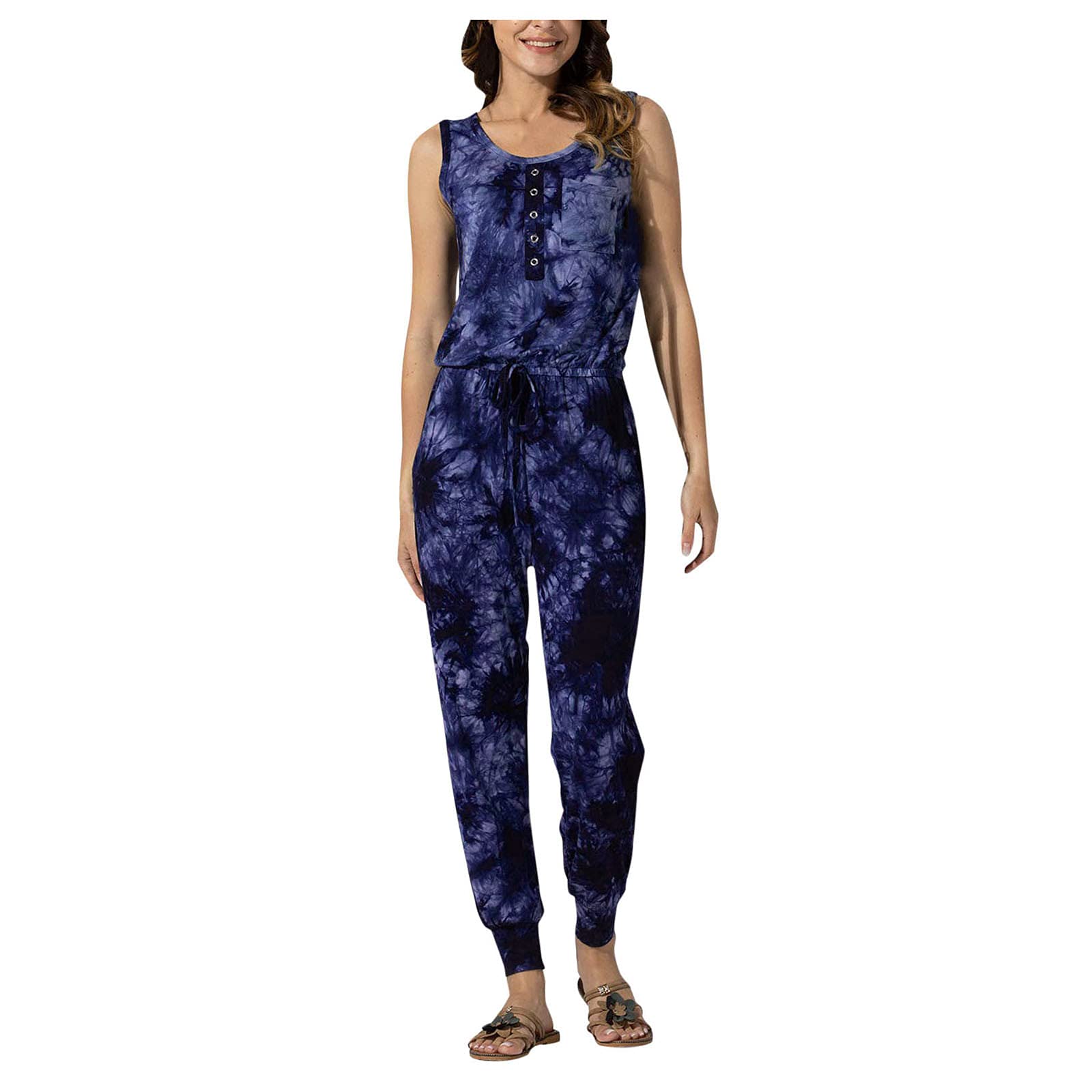 Tie-Dye Sleeveless Jumpsuit Dress for Women - Summer Button Front Romper, Sexy Sports Outfit & Casual Wear | Perfect for Beach, Gym, and Night Out