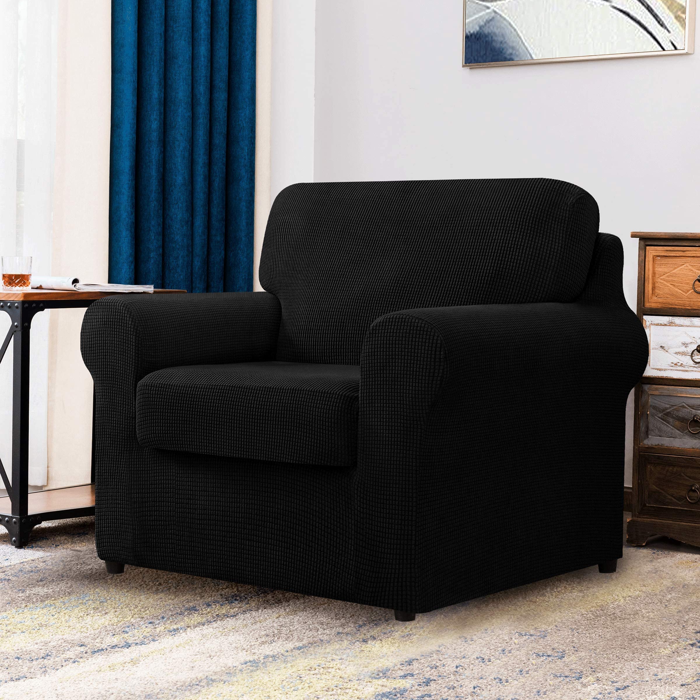 CHUN YI 2-Piece Armchair Sofa Slipcover Set - Stretchable Jacquard Fabric Couch Cover with Detachable Backrest & Cushion Covers (Black Checkered) - Perfect for Living Room, Office, or Dorm Furniture Protection