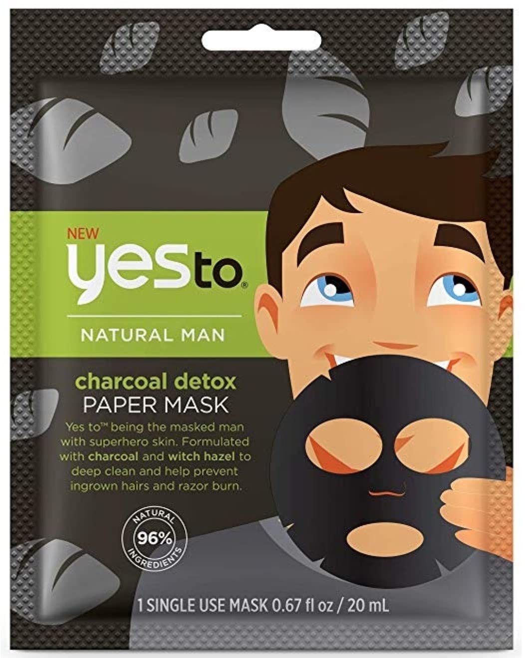 Yes To Men's Charcoal Detox Face Mask - Deep Cleansing with Activated Charcoal & Witch Hazel for Blackhead Removal - 1 Sheet Pack - Perfect for Post-Workout & Travel Skincare Routine