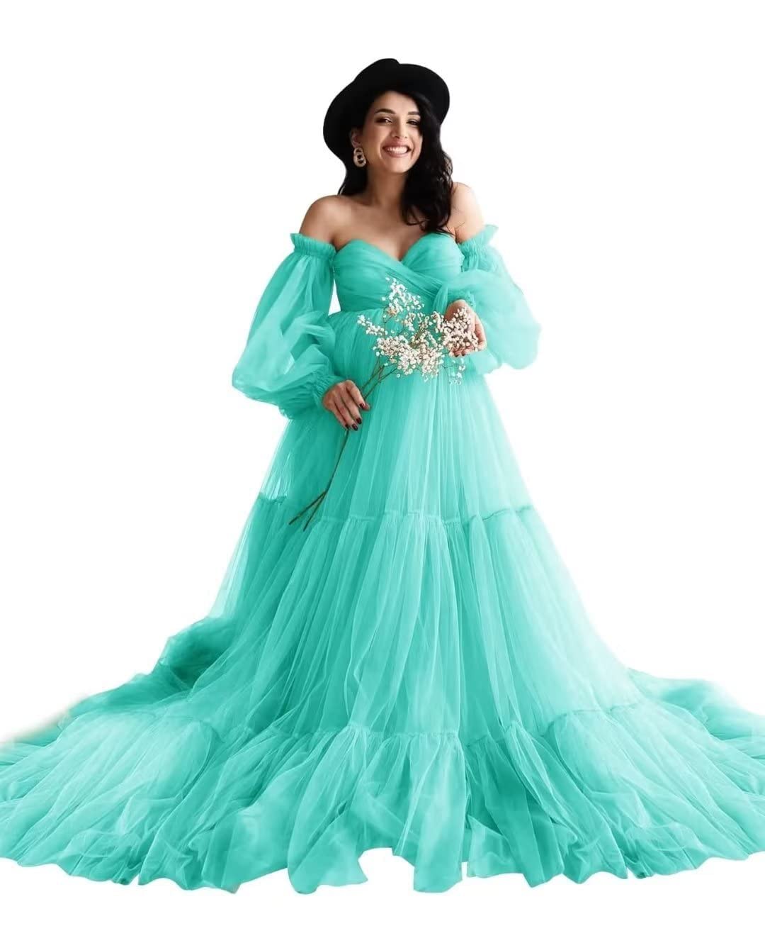 Elegant Winter Off Shoulder Tulle Maternity Dress for Baby Shower, Pregnancy Photoshoot & Special Occasions | Flowy Long Sleeve Gown for Expecting Moms